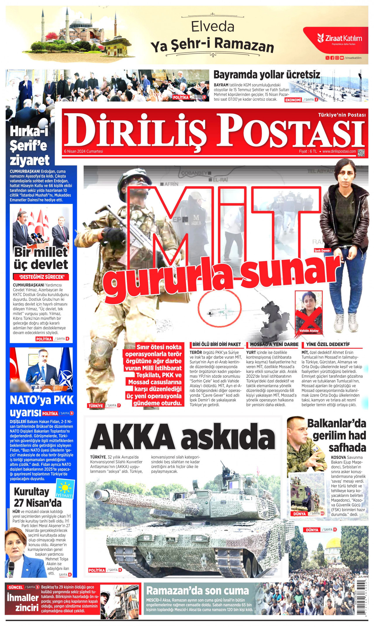 DİRİLİŞ POSTASI gazetesinin 6 Nisan 2024 tarihli birinci sayfası