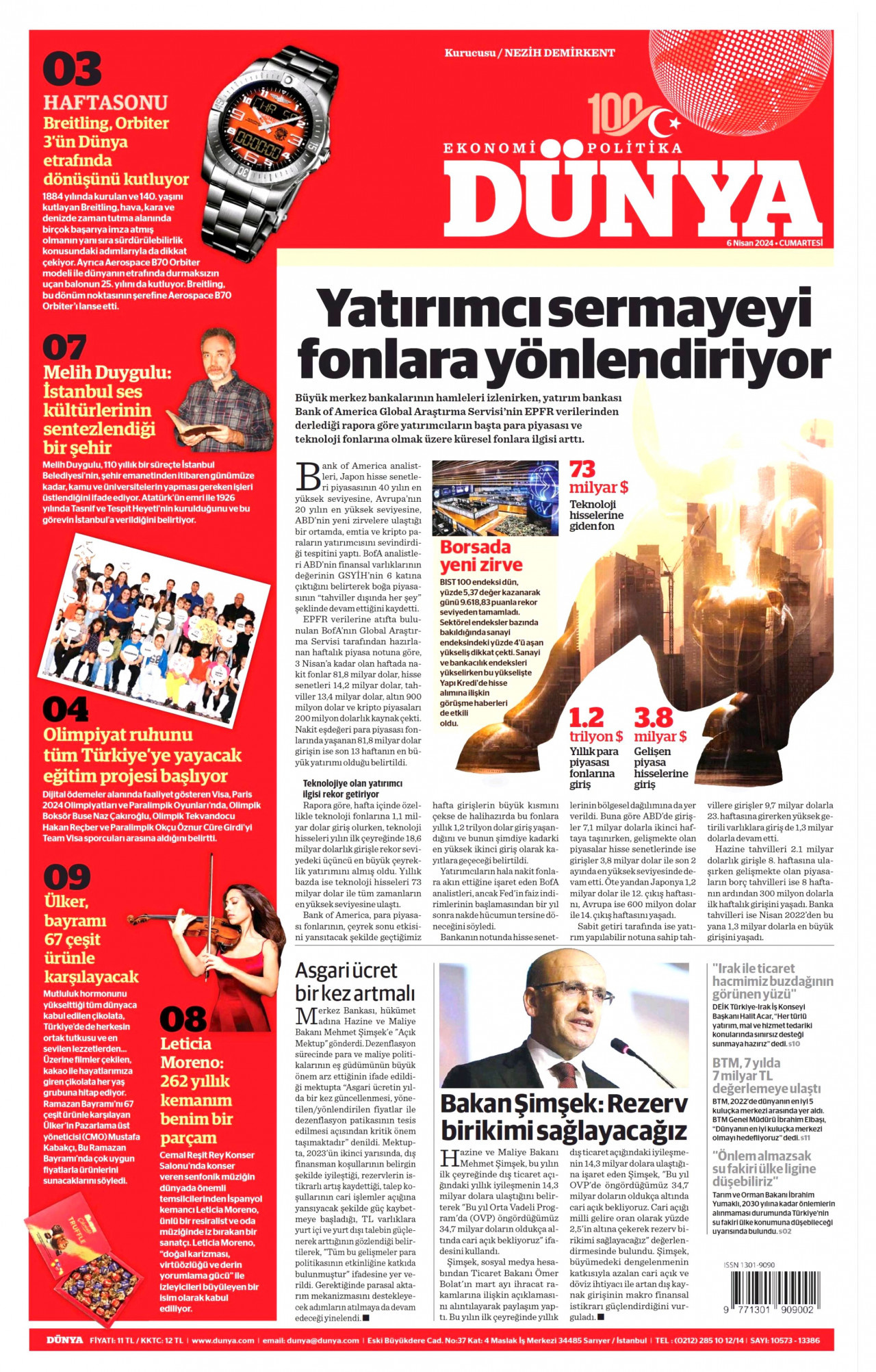DÜNYA gazetesinin 6 Nisan 2024 tarihli birinci sayfası