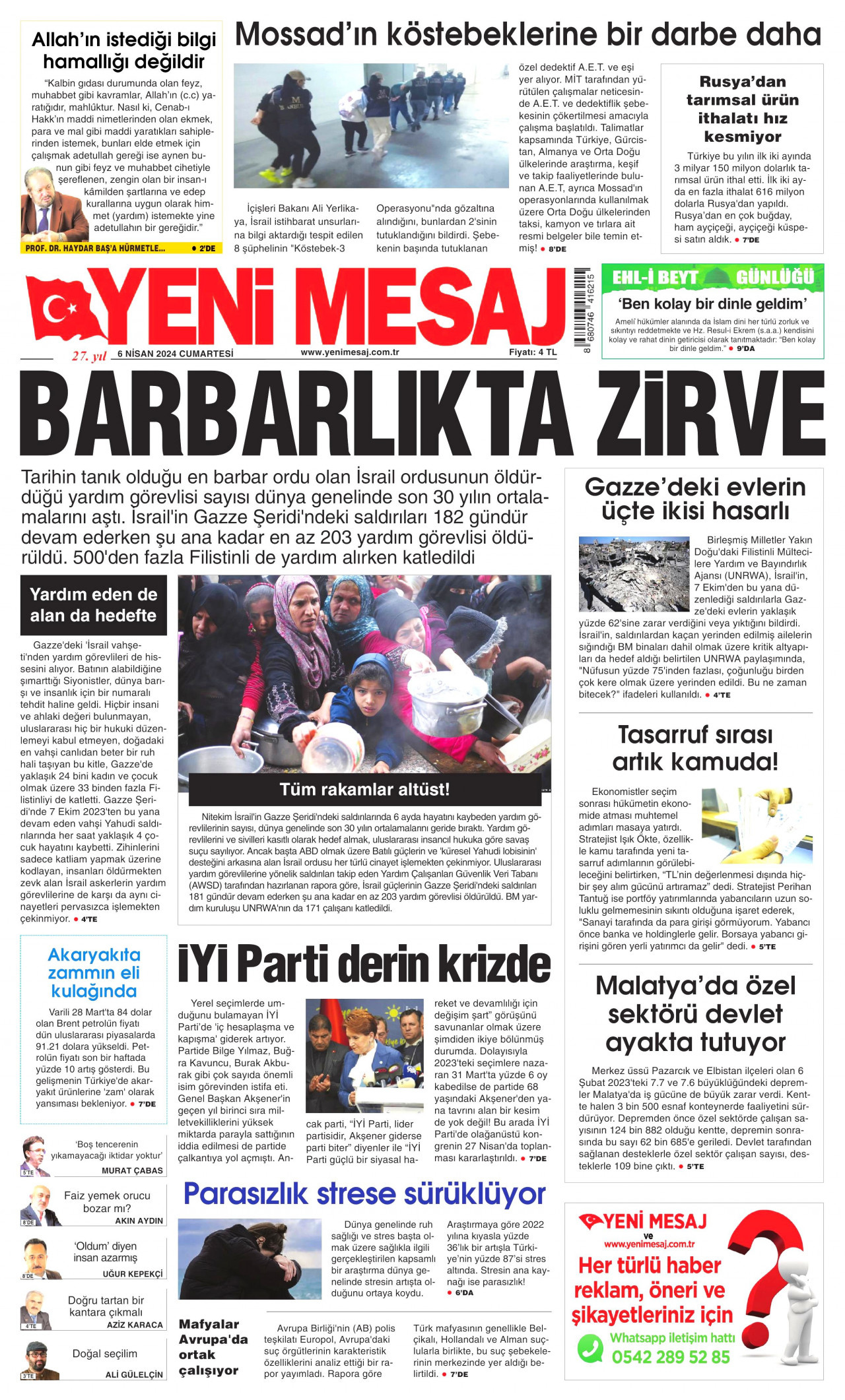 YENİ MESAJ gazetesinin 6 Nisan 2024 tarihli birinci sayfası