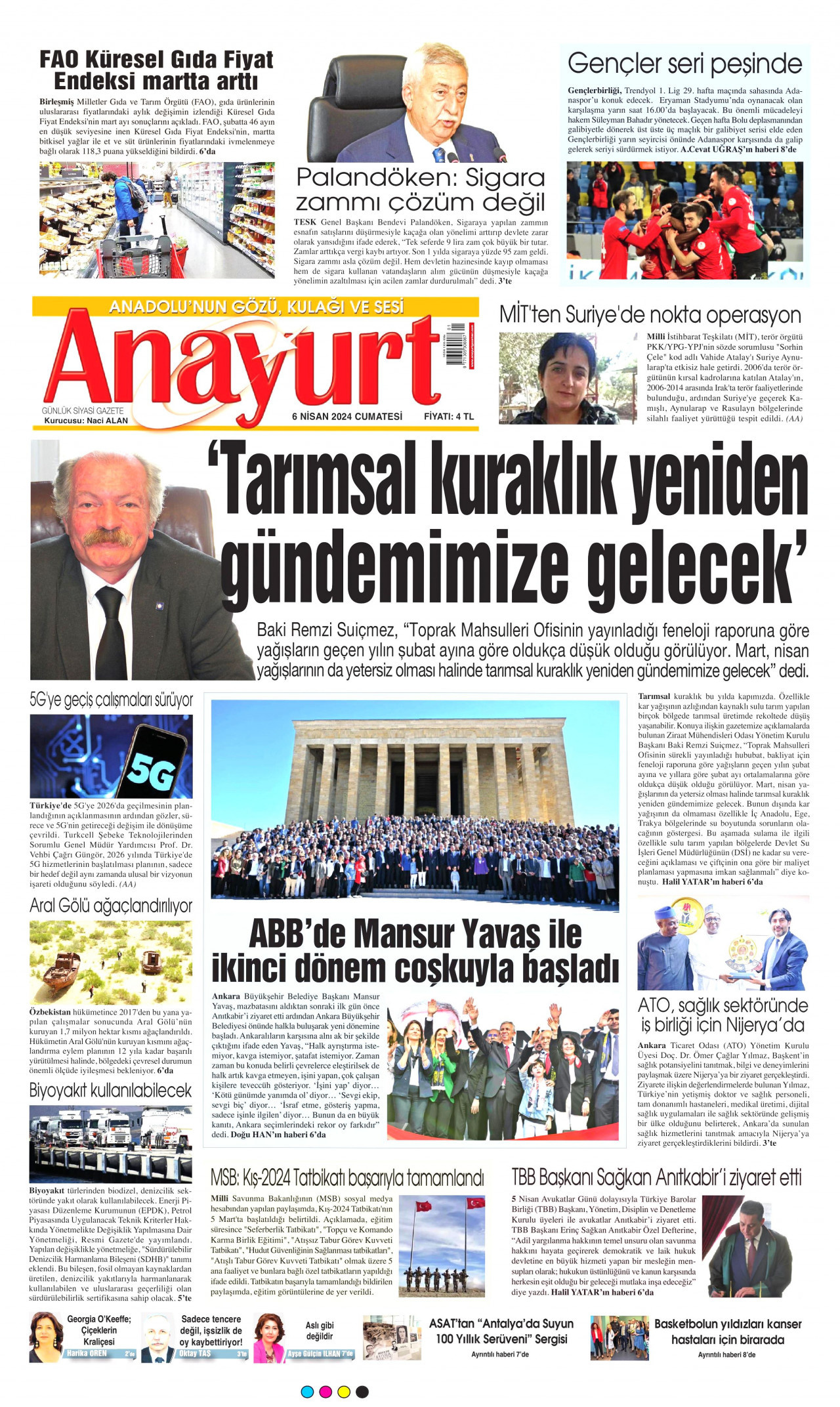 ANAYURT gazetesinin 6 Nisan 2024 tarihli birinci sayfası