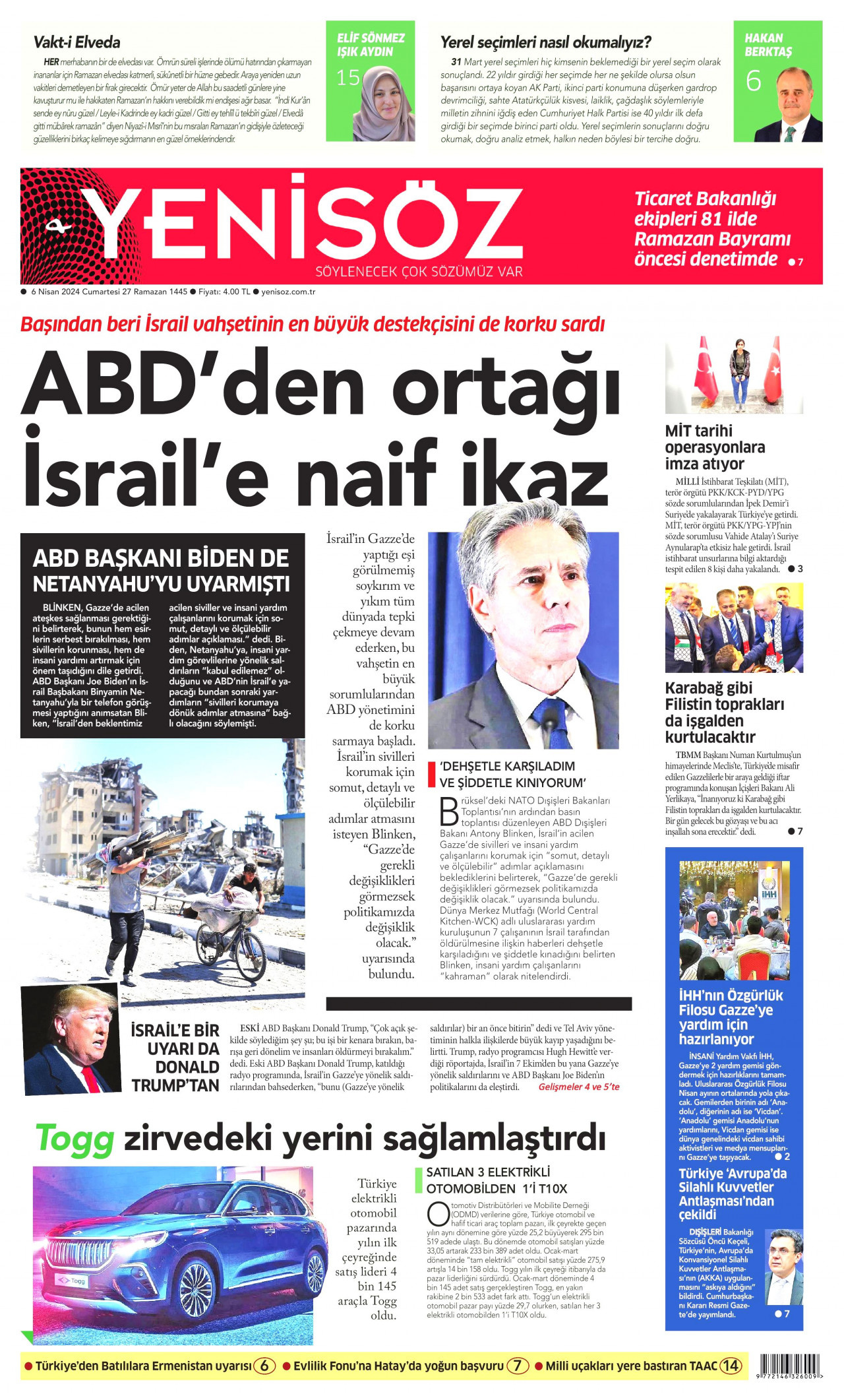YENİ SÖZ GAZETESİ gazetesinin 6 Nisan 2024 tarihli birinci sayfası