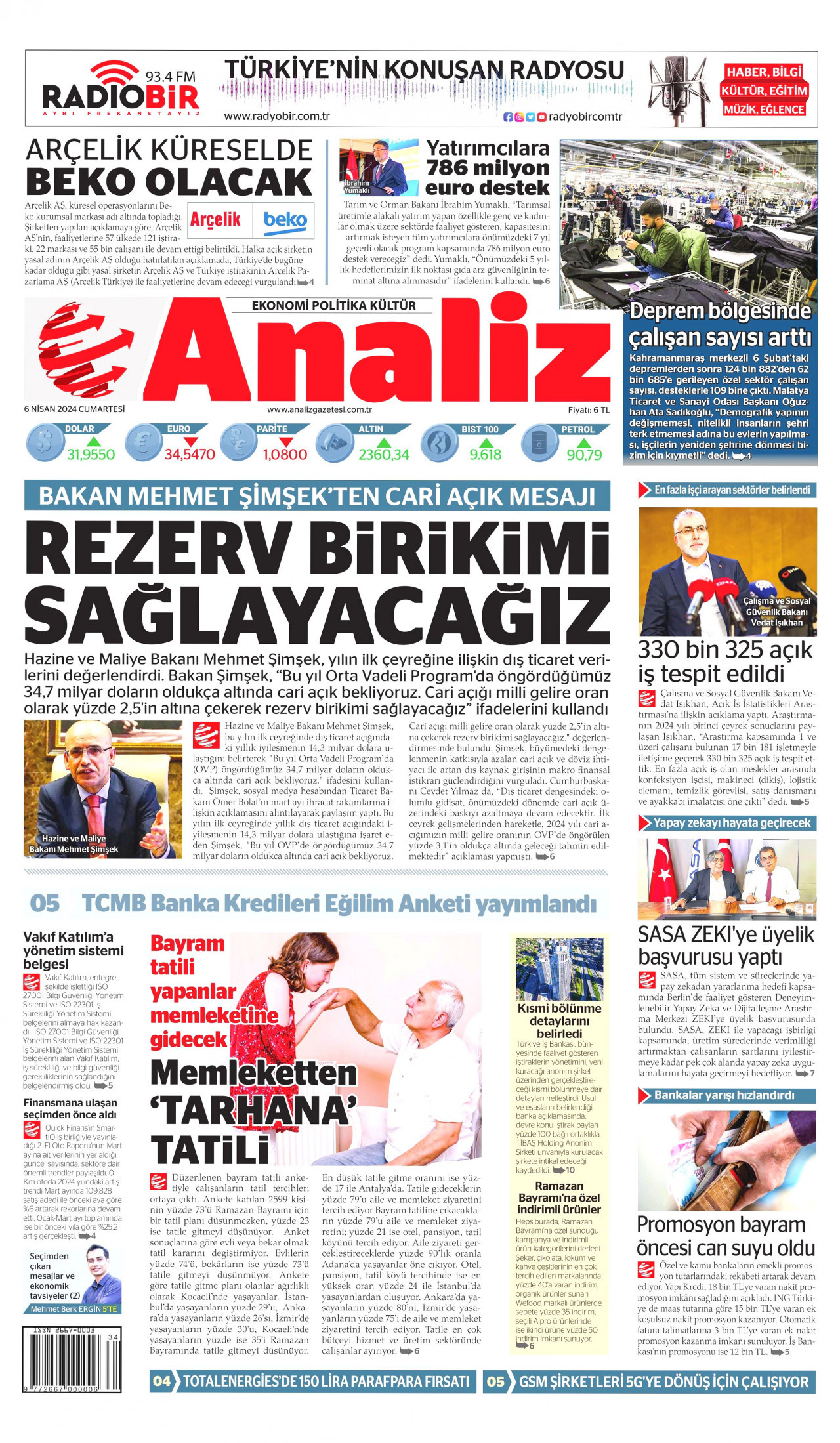 ANALİZ gazetesinin 6 Nisan 2024 tarihli birinci sayfası