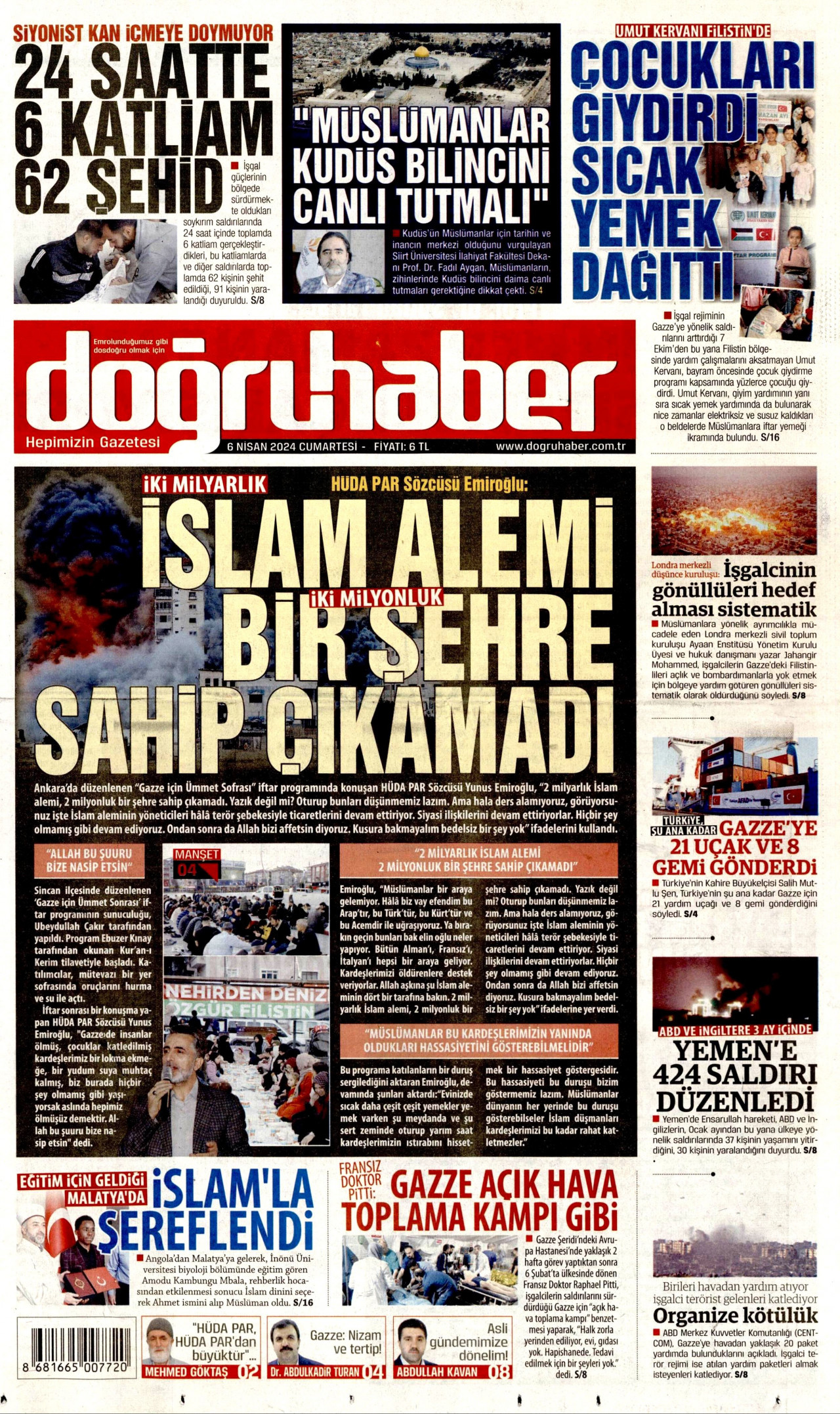 DOĞRU HABER gazetesinin 6 Nisan 2024 tarihli birinci sayfası