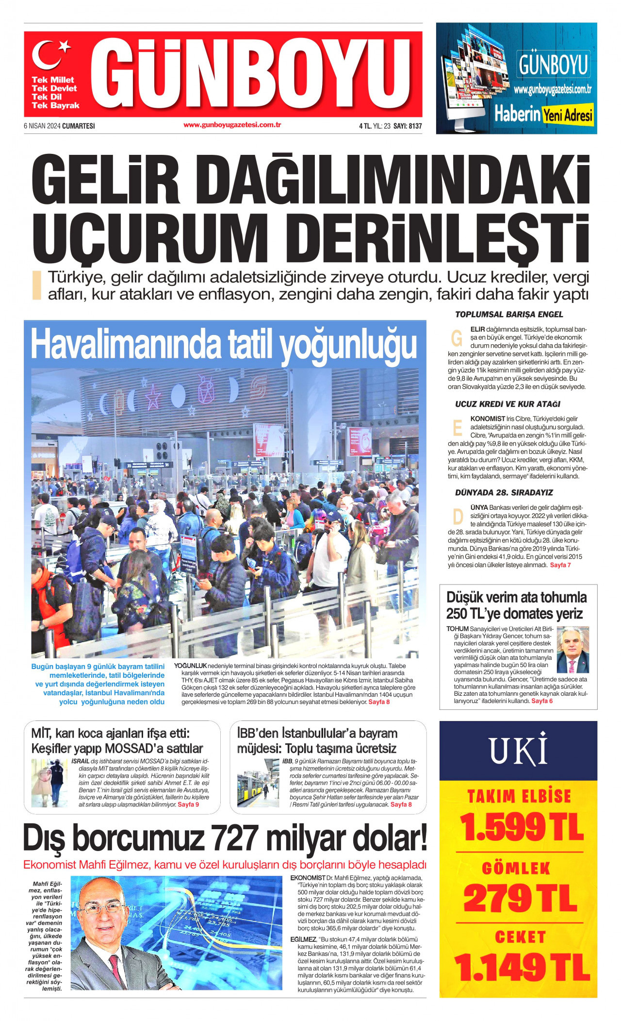GÜNBOYU gazetesinin 6 Nisan 2024 tarihli birinci sayfası