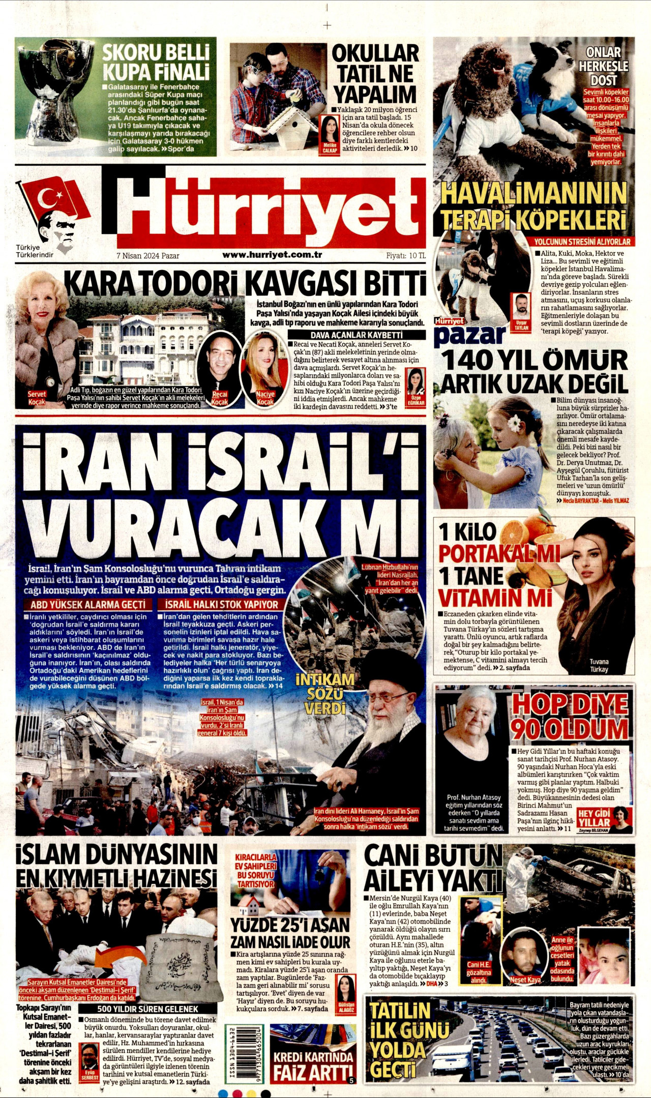 HÜRRİYET gazetesinin 7 Nisan 2024 tarihli birinci sayfası