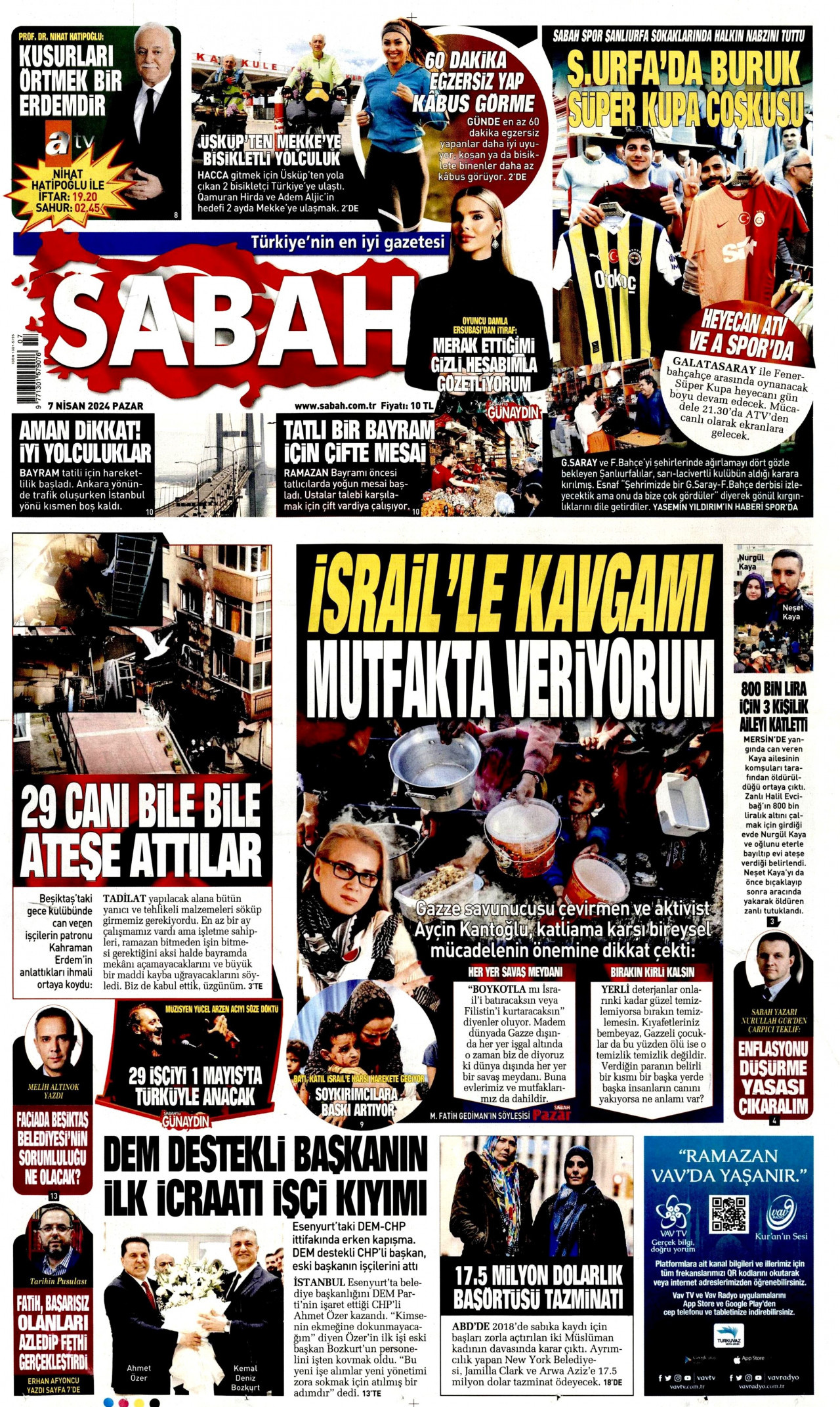 SABAH gazetesinin 7 Nisan 2024 tarihli birinci sayfası