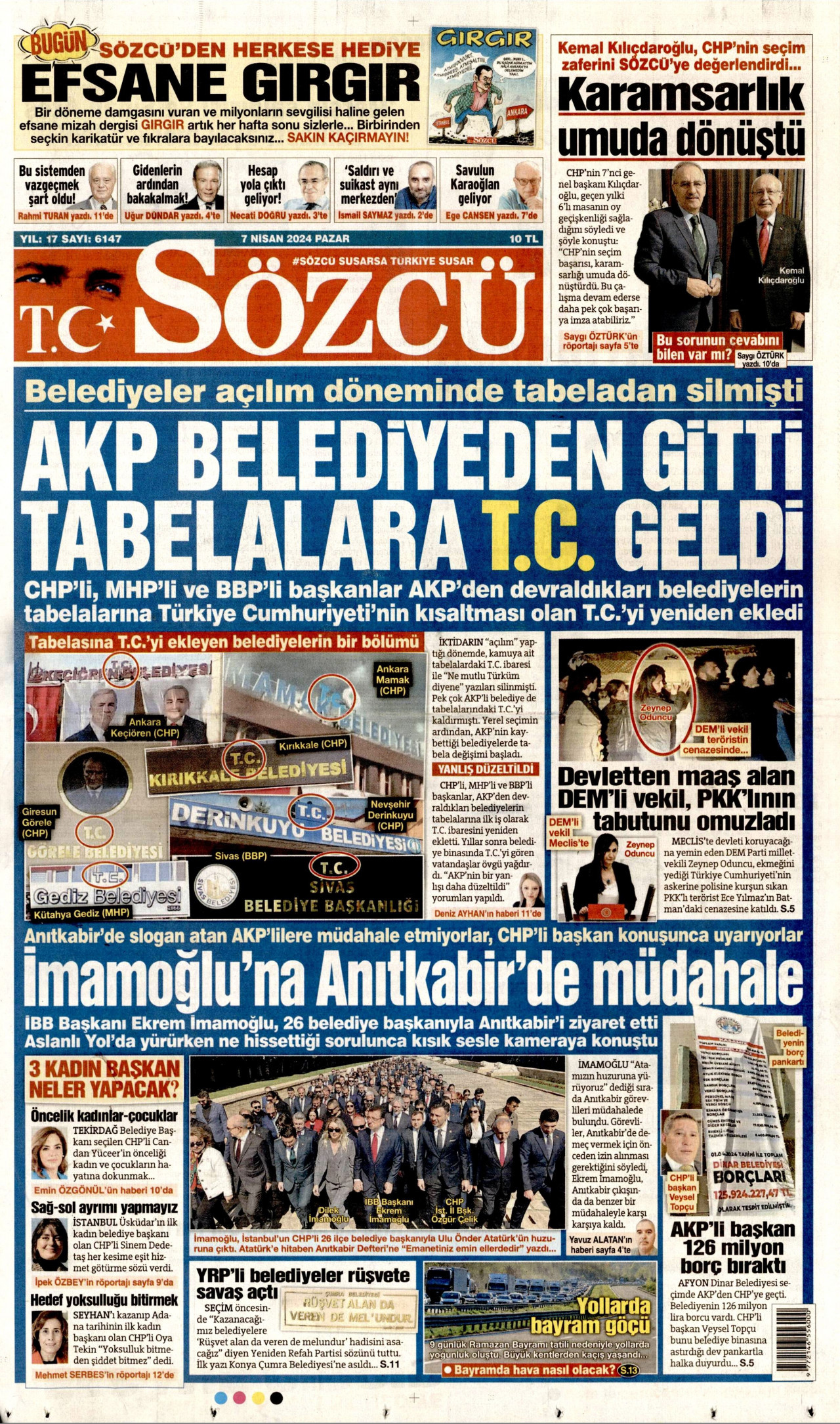 SÖZCÜ gazetesinin 7 Nisan 2024 tarihli birinci sayfası