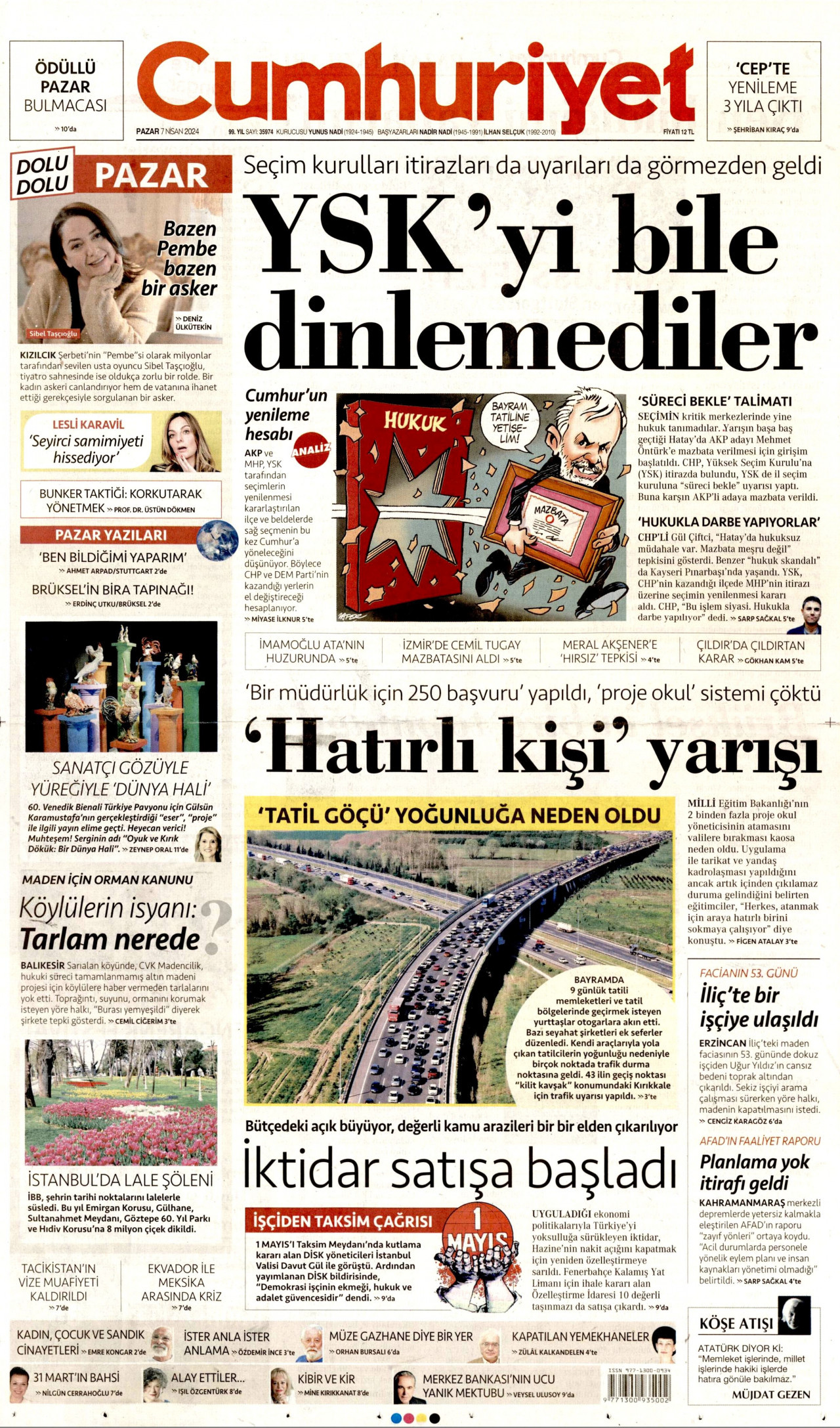 CUMHURİYET gazetesinin 7 Nisan 2024 tarihli birinci sayfası