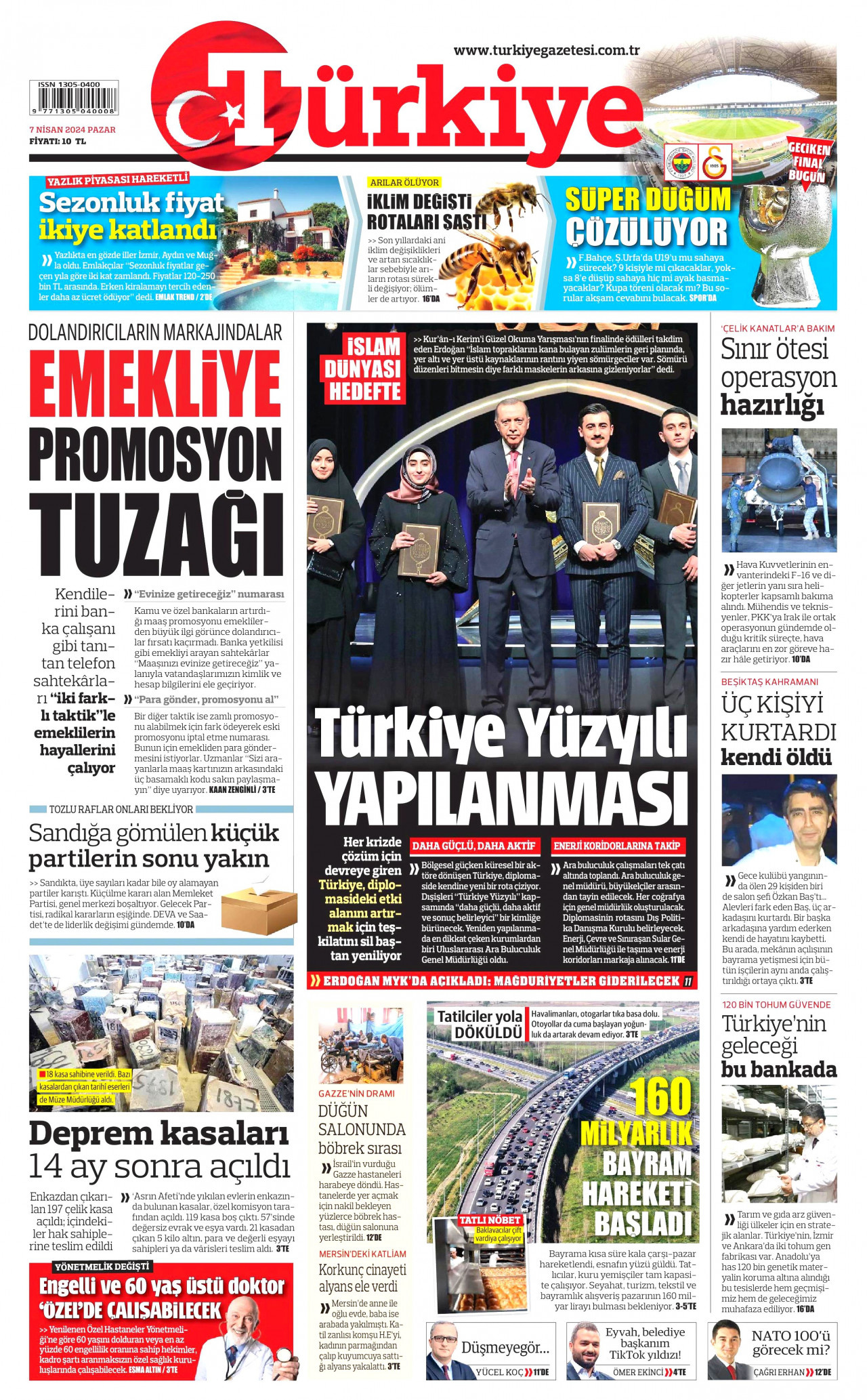 TÜRKİYE GAZETESİ gazetesinin 7 Nisan 2024 tarihli birinci sayfası