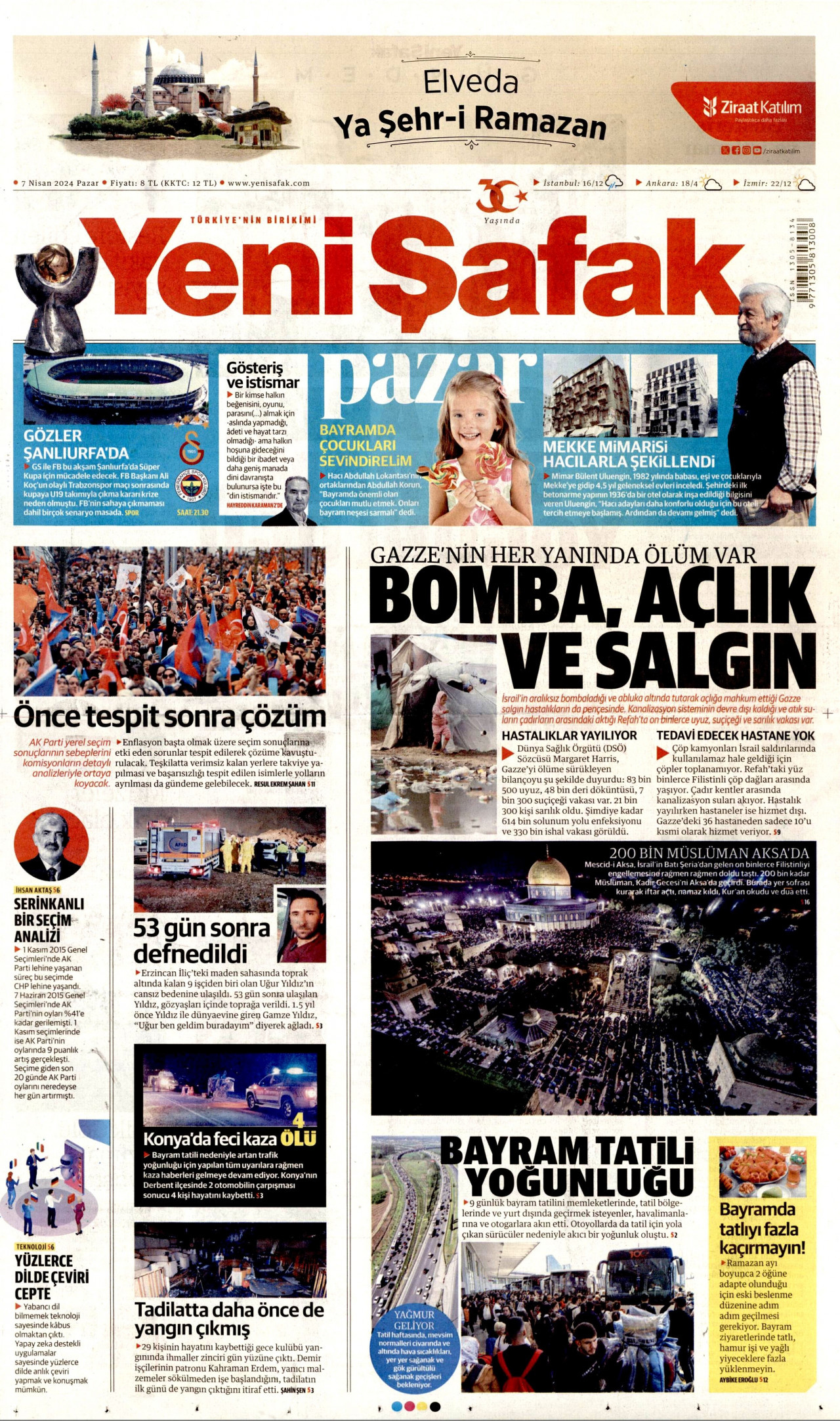 YENİ ŞAFAK gazetesinin 7 Nisan 2024 tarihli birinci sayfası