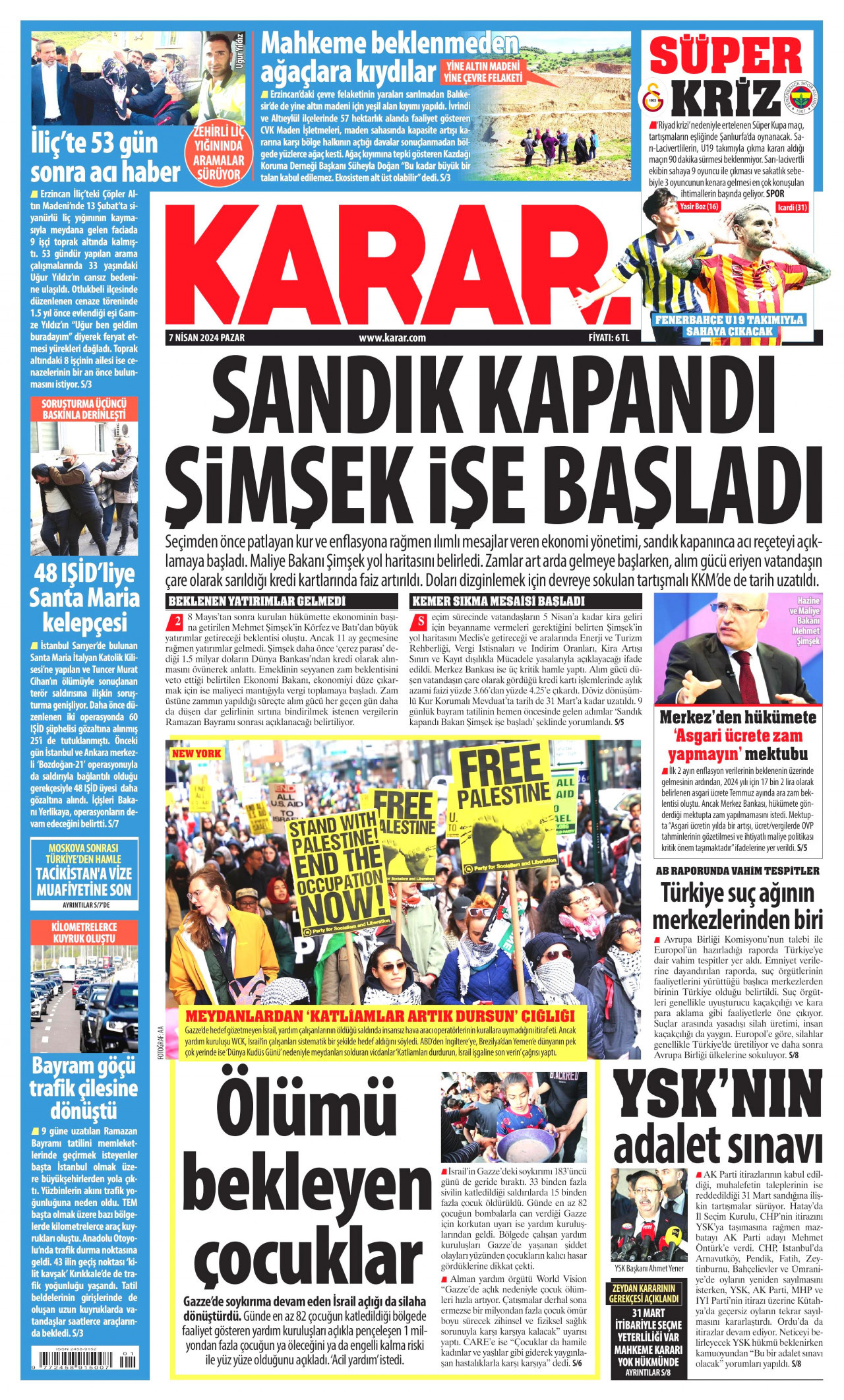 KARAR gazetesinin 7 Nisan 2024 tarihli birinci sayfası