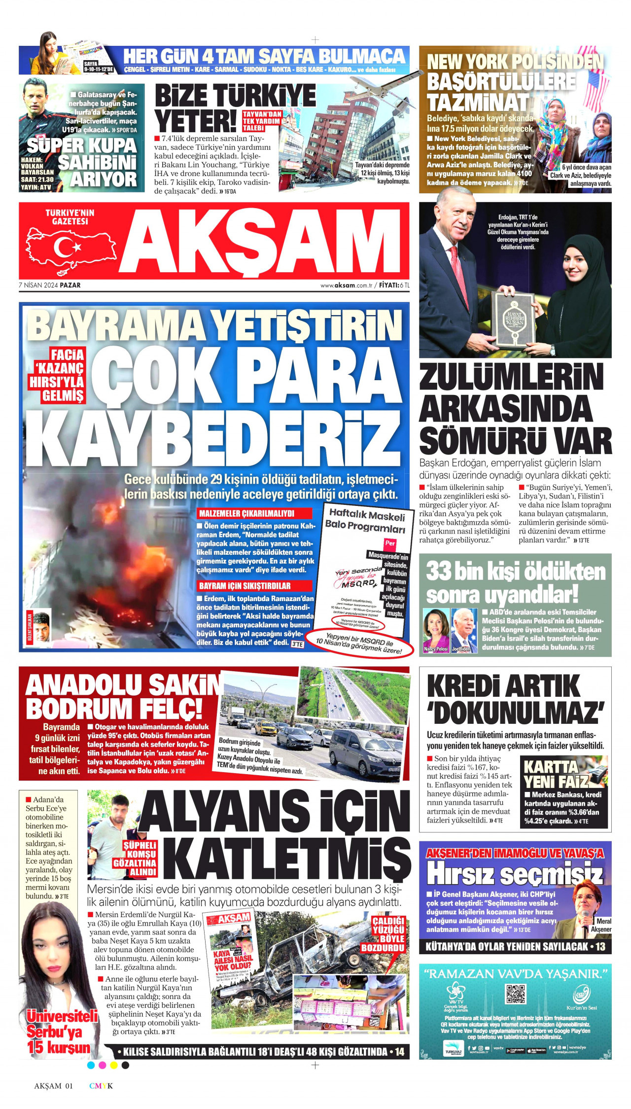 AKŞAM gazetesinin 7 Nisan 2024 tarihli birinci sayfası