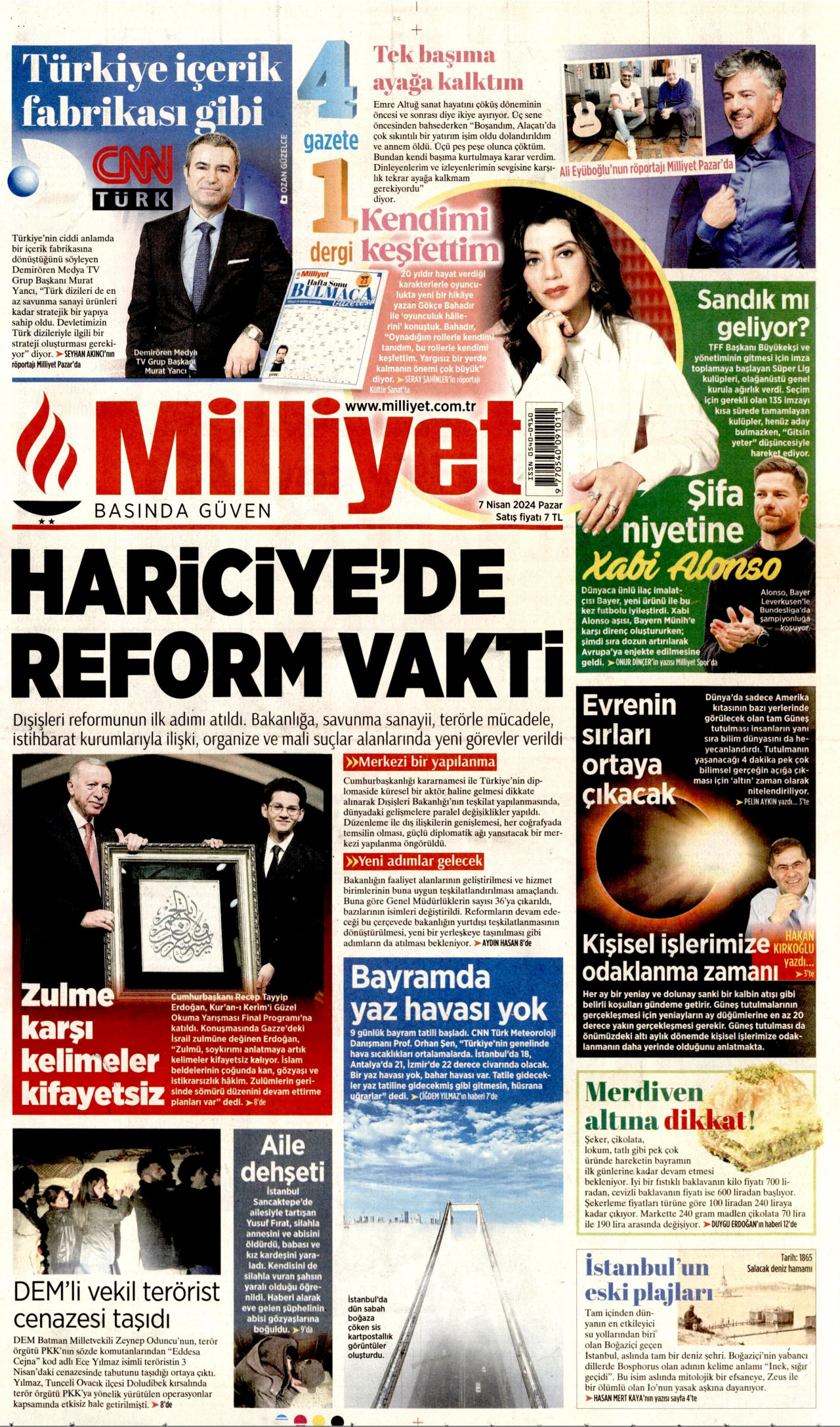 MİLLİYET gazetesinin 7 Nisan 2024 tarihli birinci sayfası
