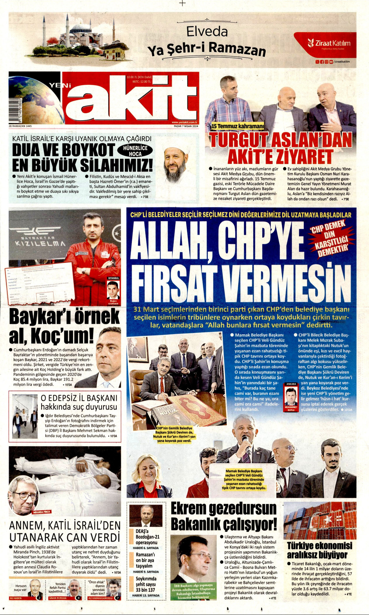 YENİ AKİT gazetesinin 7 Nisan 2024 tarihli birinci sayfası