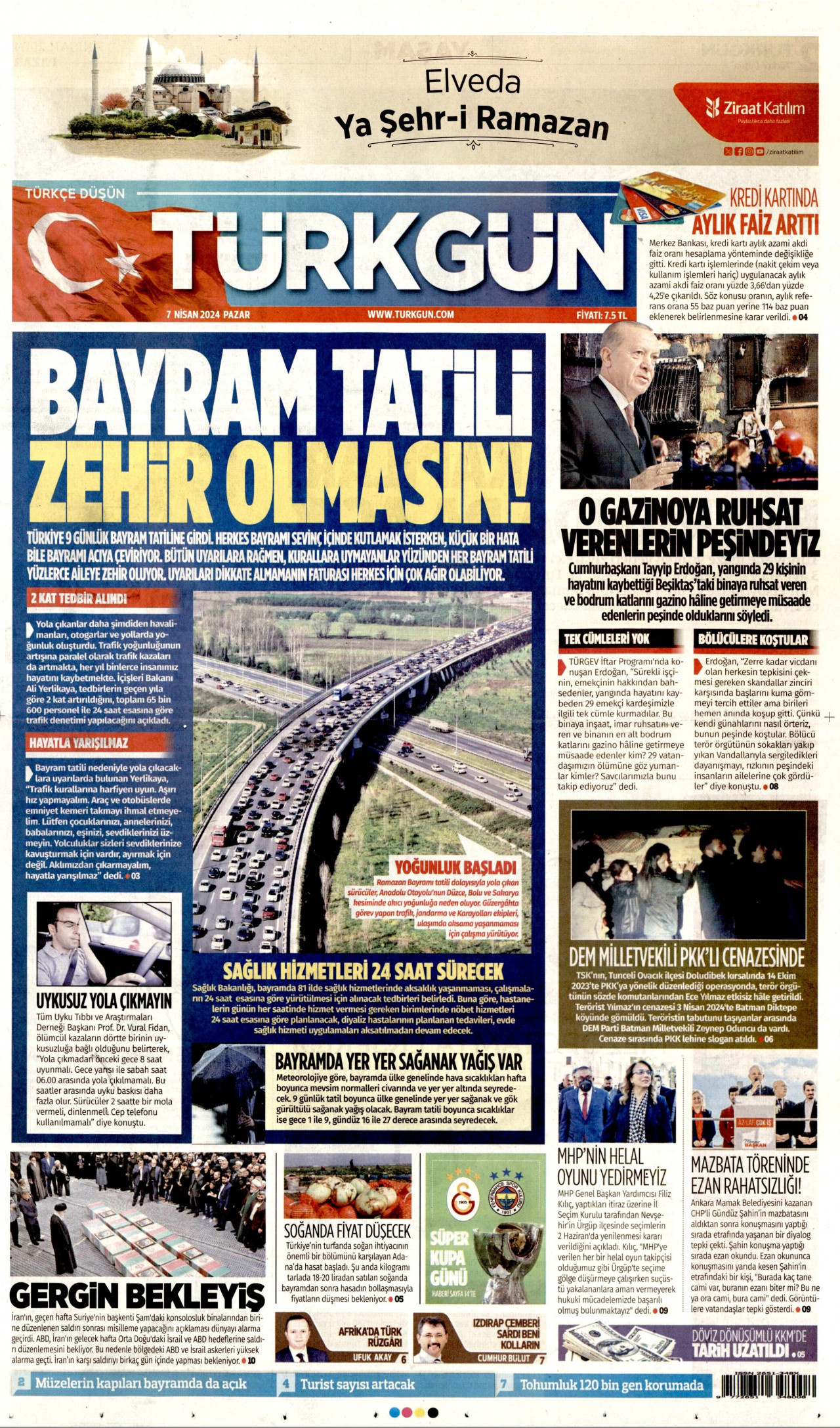 TÜRKGÜN gazetesinin 7 Nisan 2024 tarihli birinci sayfası