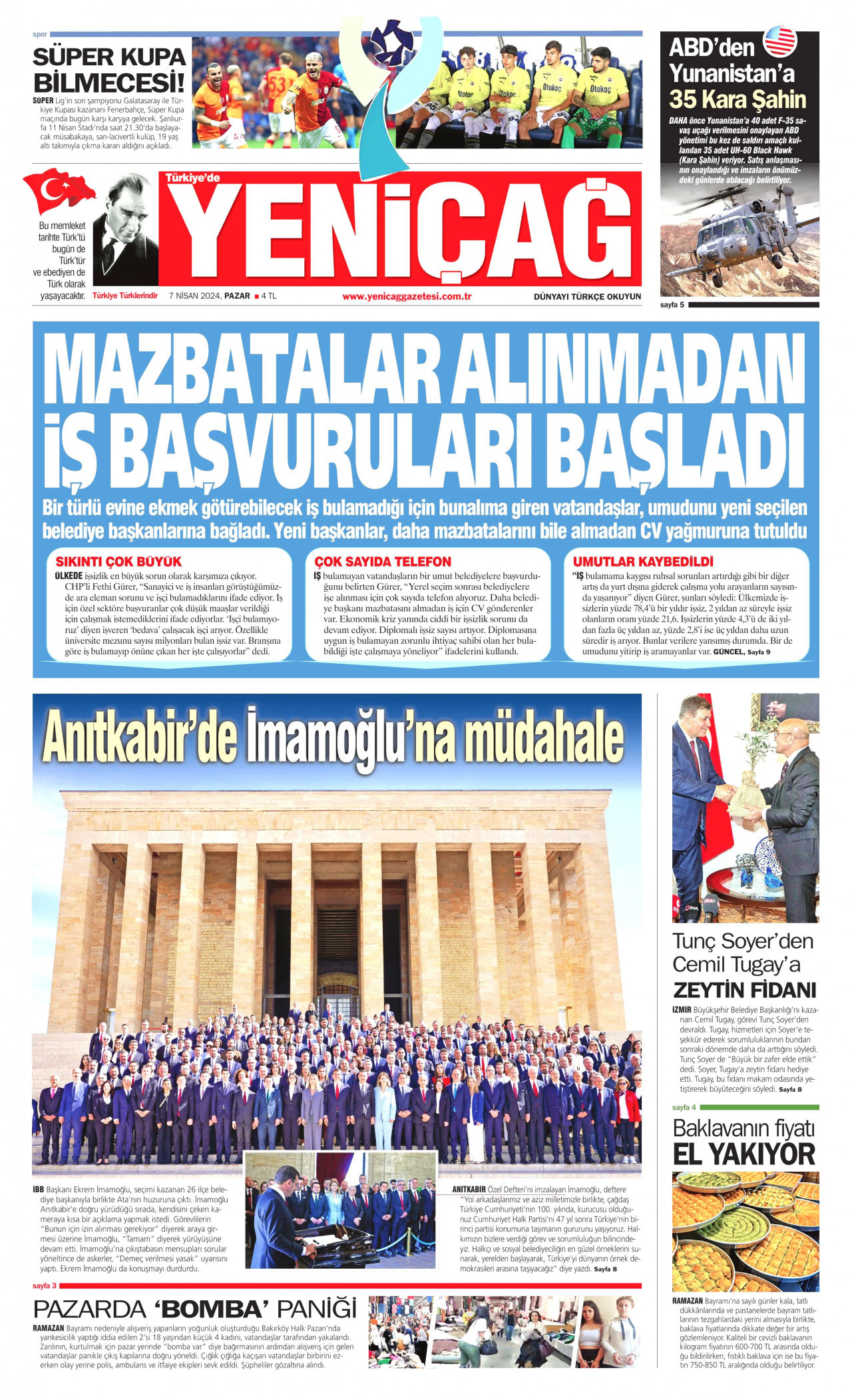 YENİÇAĞ gazetesinin 7 Nisan 2024 tarihli birinci sayfası