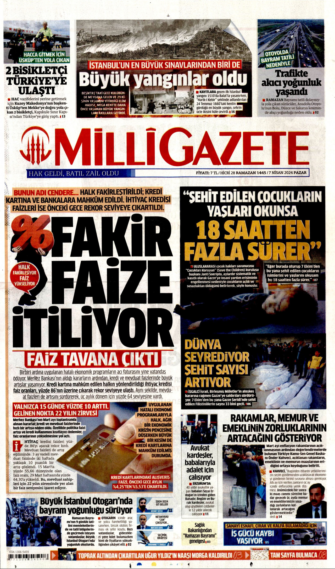 MİLLİ GAZETE gazetesinin 7 Nisan 2024 tarihli birinci sayfası