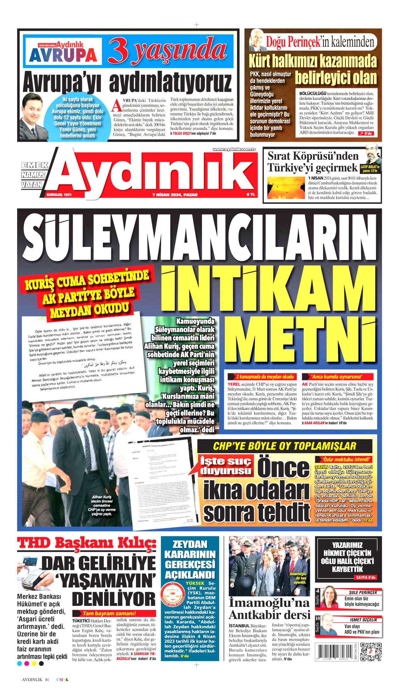 AYDINLIK GAZETESİ gazetesinin 7 Nisan 2024 tarihli birinci sayfası