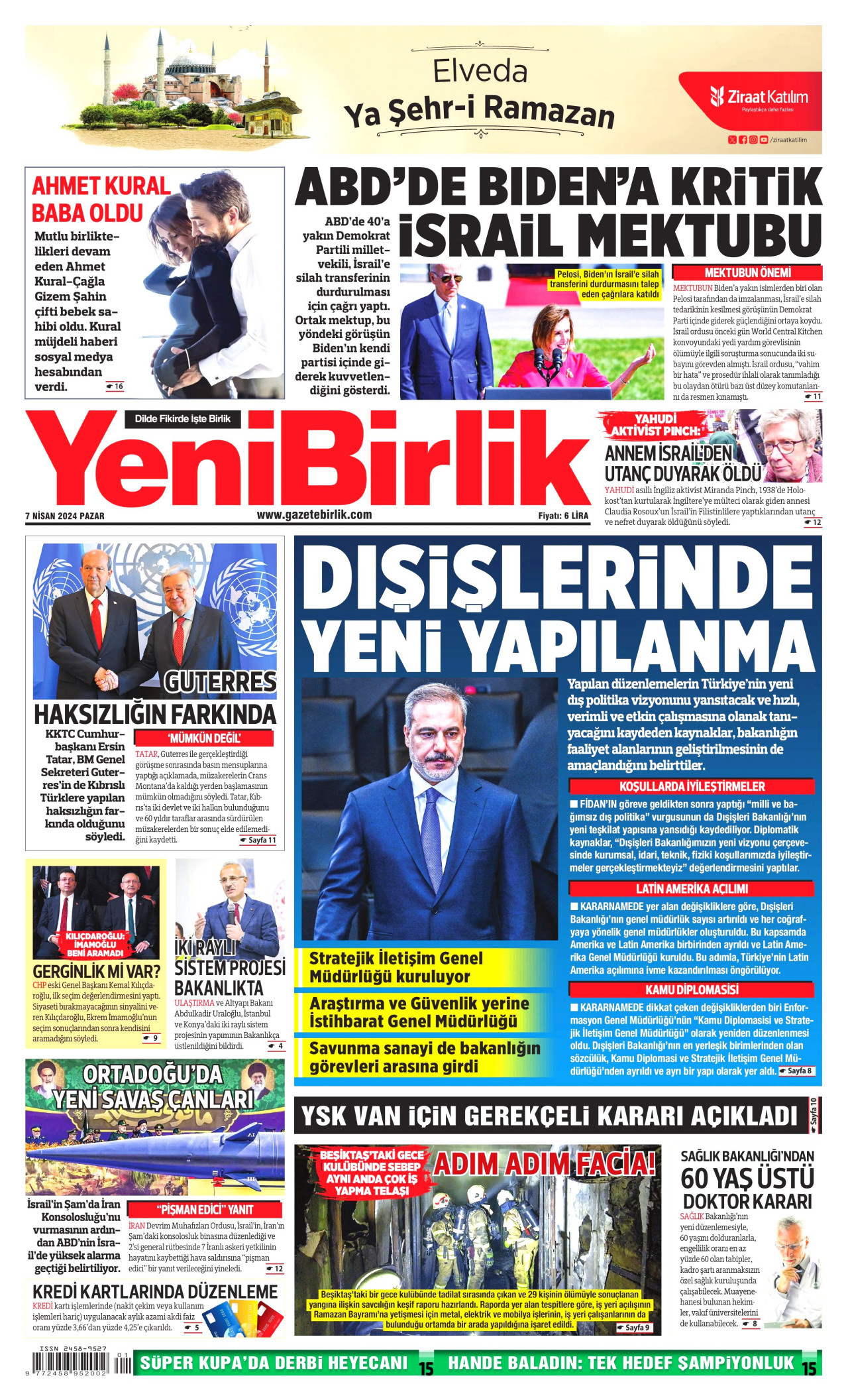 YENİBİRLİK gazetesinin 7 Nisan 2024 tarihli birinci sayfası