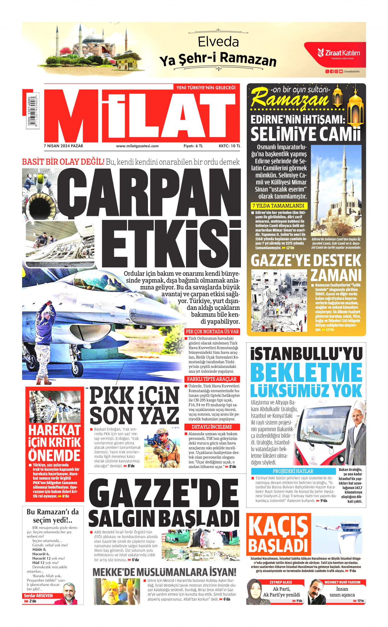 MİLAT gazetesinin 7 Nisan 2024 tarihli birinci sayfası