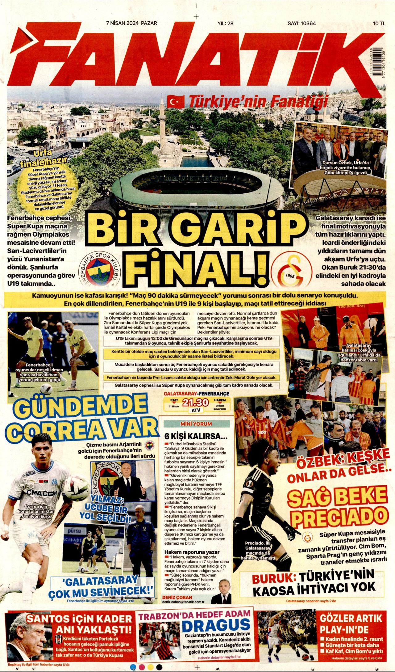 FANATİK gazetesinin 7 Nisan 2024 tarihli birinci sayfası