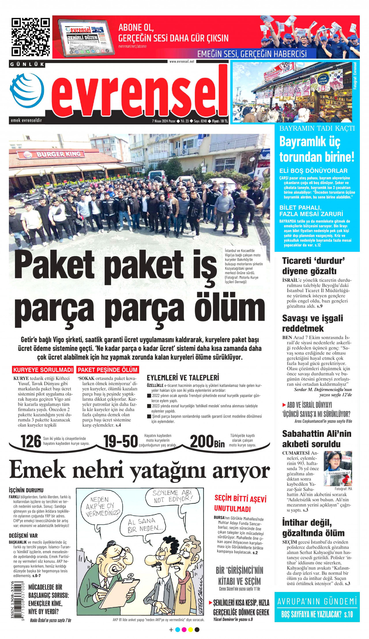 EVRENSEL gazetesinin 7 Nisan 2024 tarihli birinci sayfası