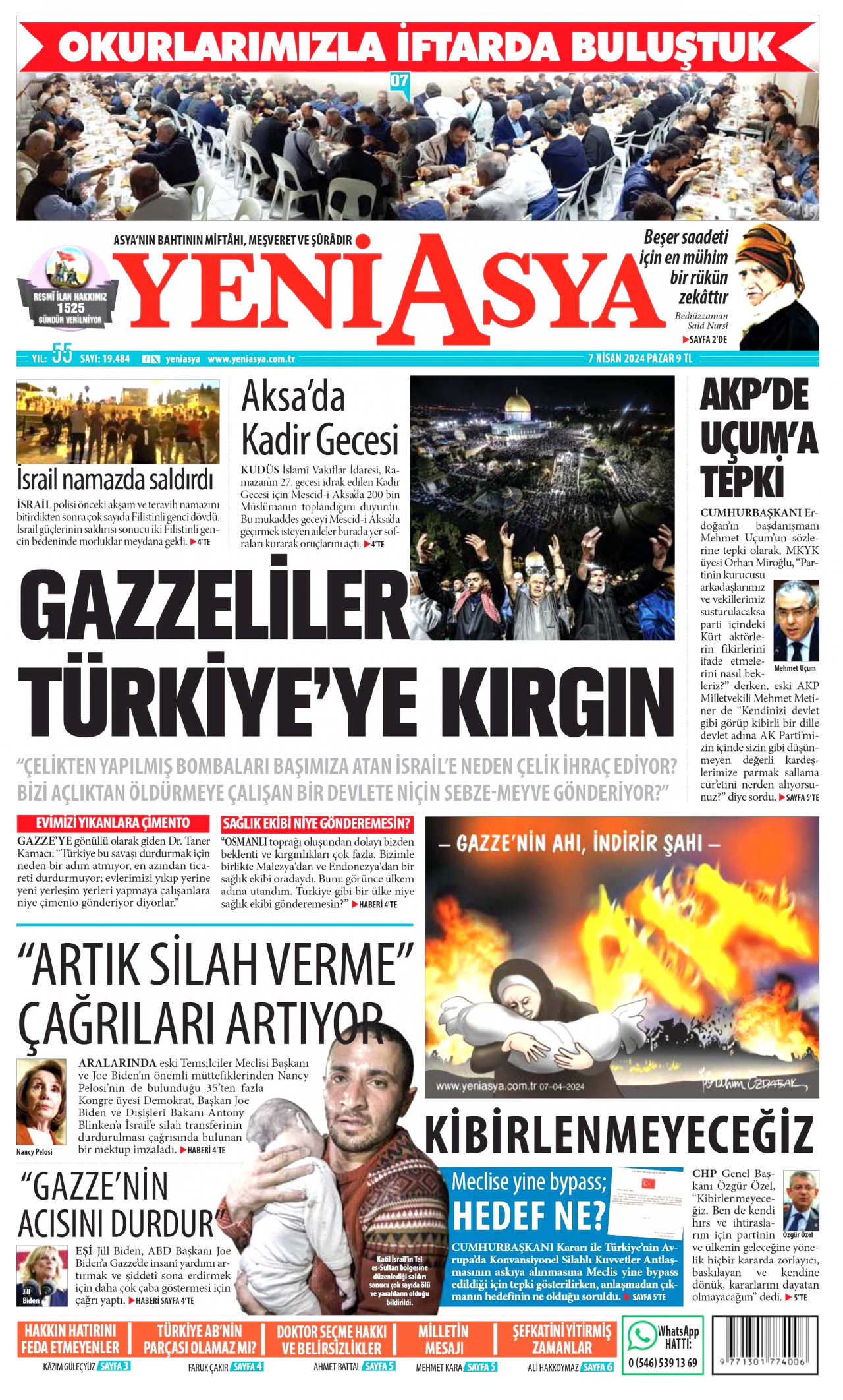 YENİ ASYA gazetesinin 7 Nisan 2024 tarihli birinci sayfası