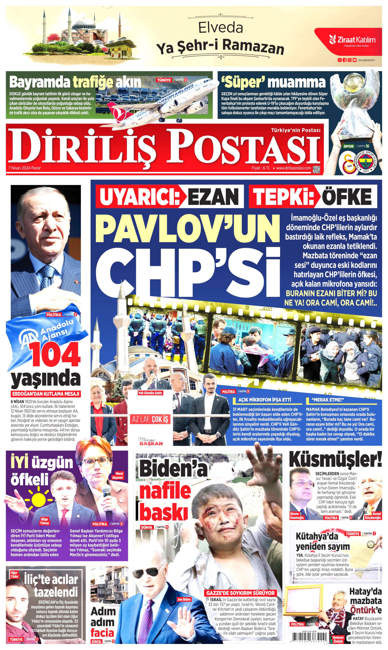 DİRİLİŞ POSTASI gazetesinin 7 Nisan 2024 tarihli birinci sayfası