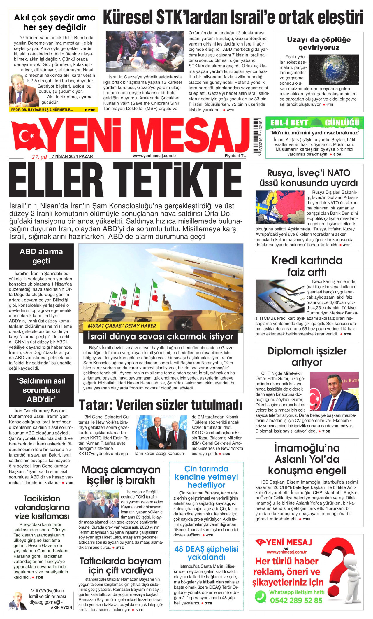 YENİ MESAJ gazetesinin 7 Nisan 2024 tarihli birinci sayfası