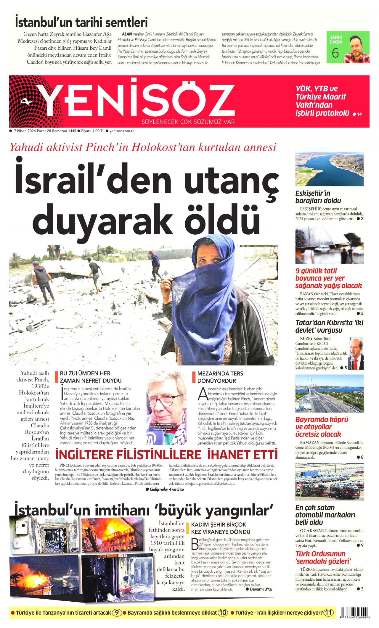 YENİ SÖZ GAZETESİ gazetesinin 7 Nisan 2024 tarihli birinci sayfası