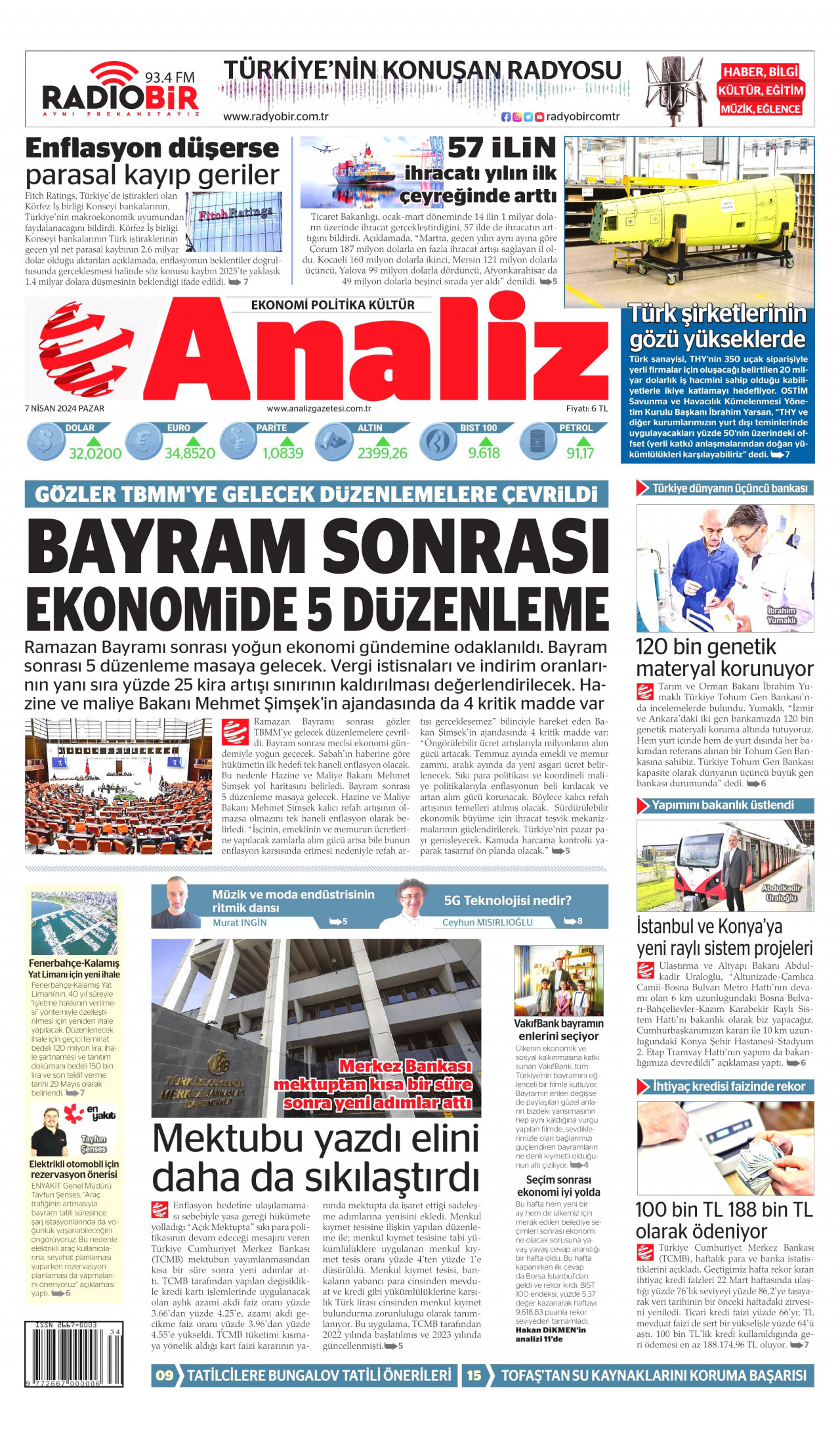 ANALİZ gazetesinin 7 Nisan 2024 tarihli birinci sayfası