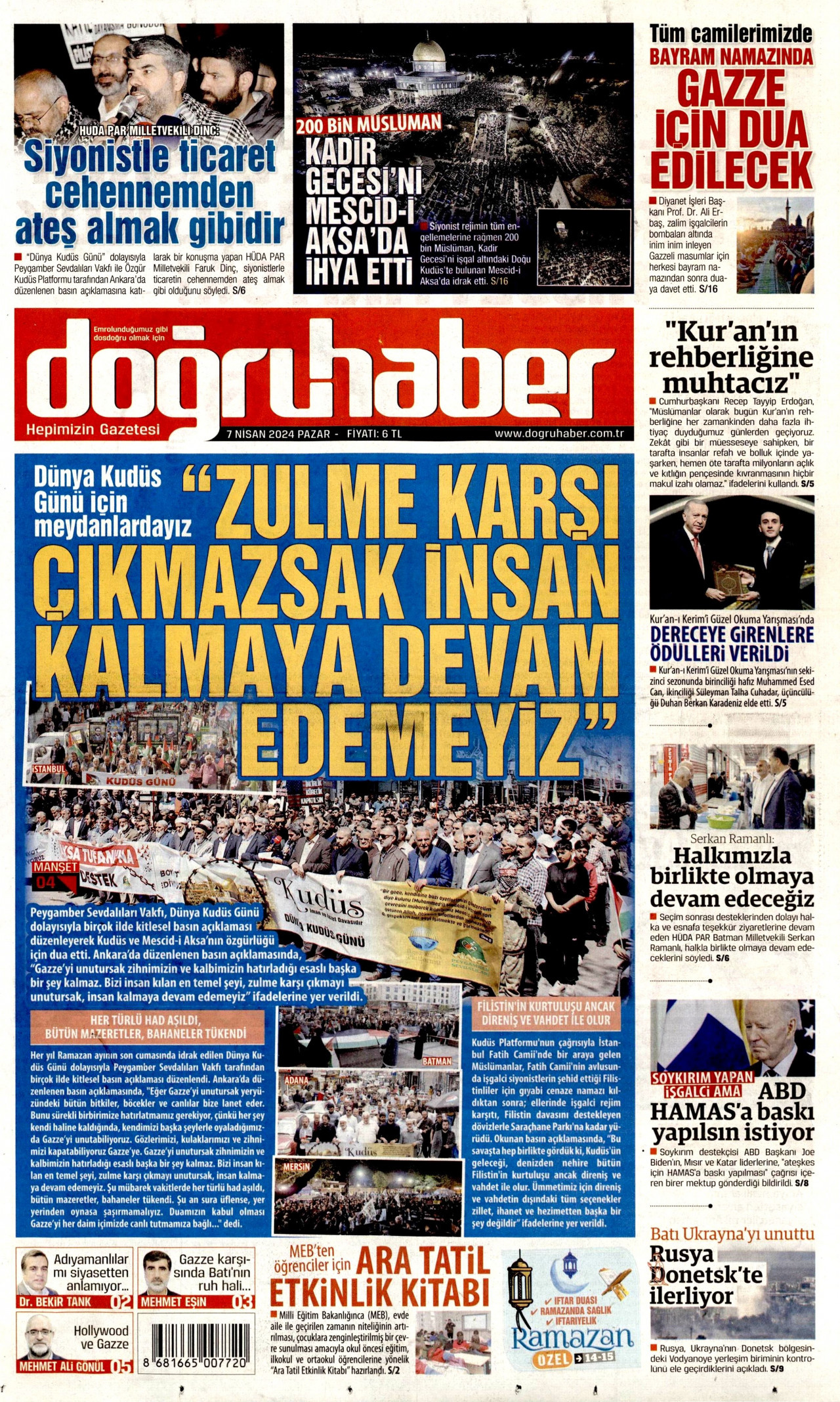 DOĞRU HABER gazetesinin 7 Nisan 2024 tarihli birinci sayfası