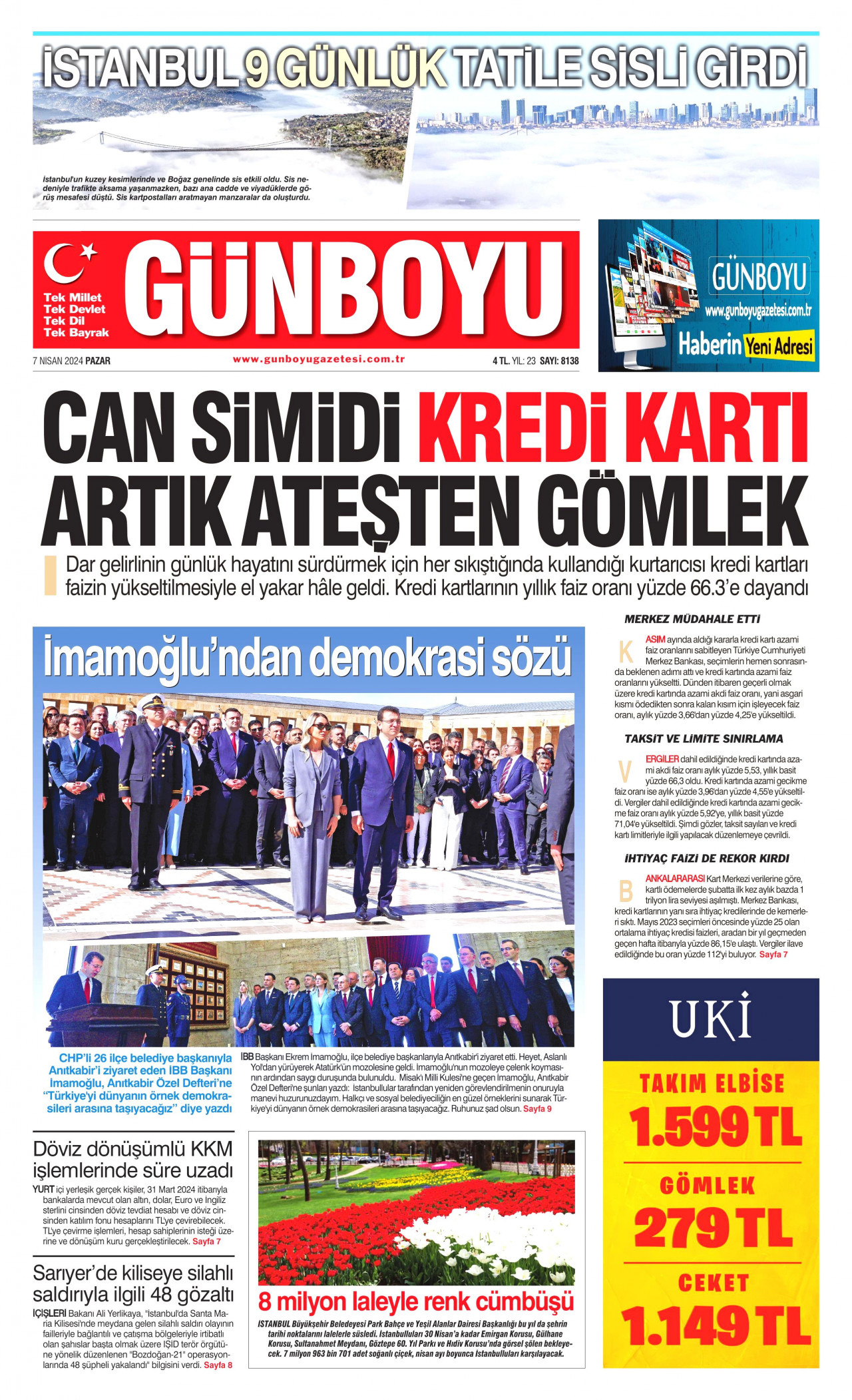 GÜNBOYU gazetesinin 7 Nisan 2024 tarihli birinci sayfası