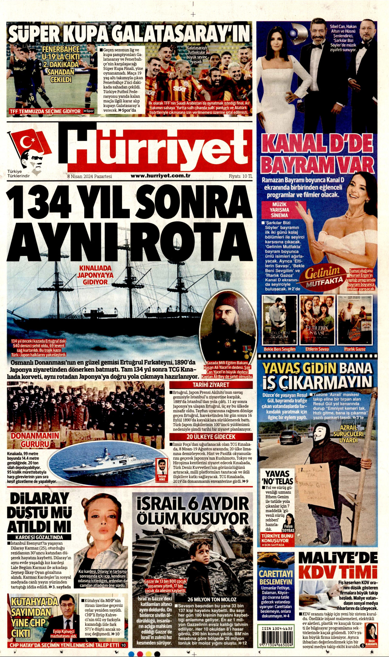HÜRRİYET gazetesinin 8 Nisan 2024 tarihli birinci sayfası