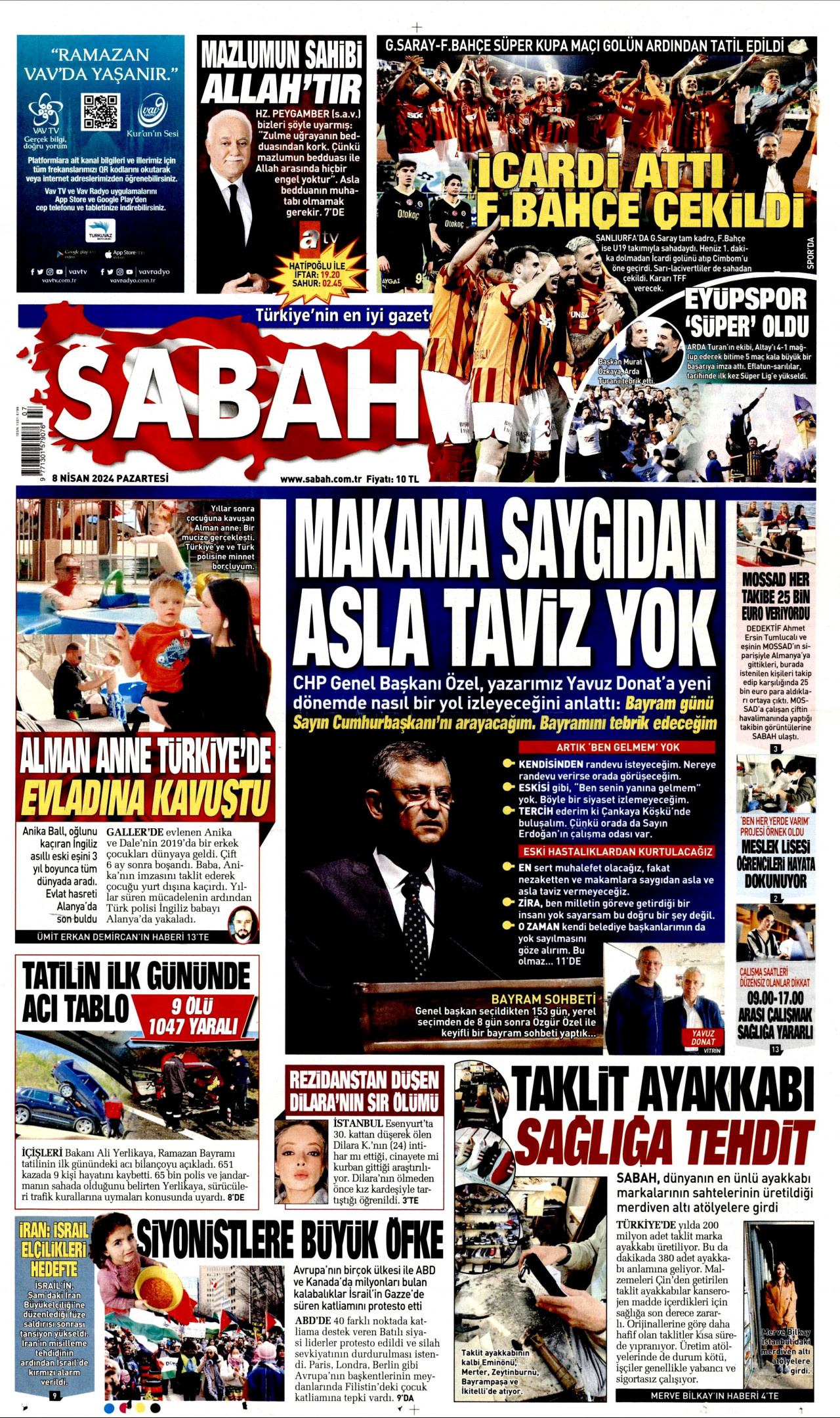 SABAH gazetesinin 8 Nisan 2024 tarihli birinci sayfası