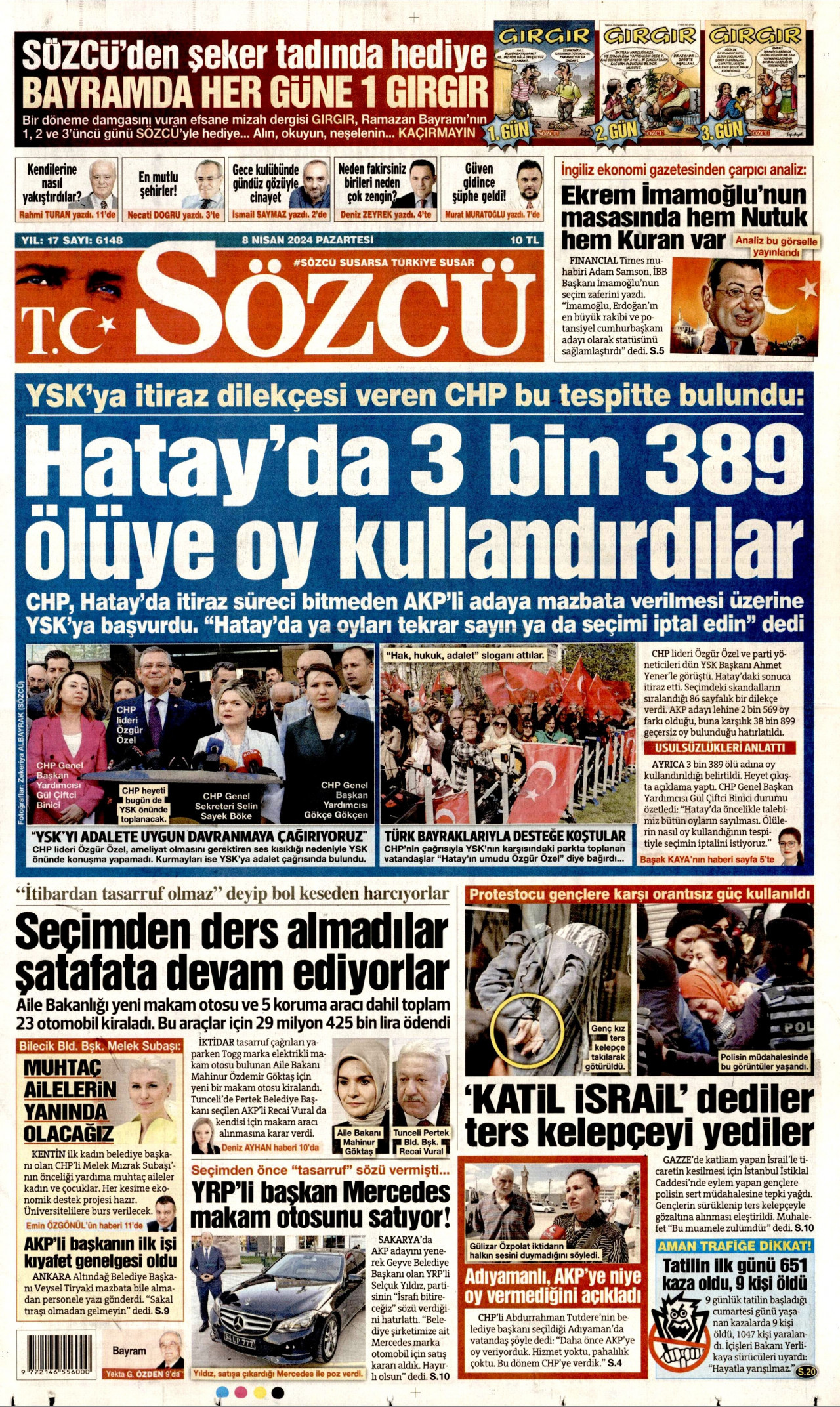 SÖZCÜ gazetesinin 8 Nisan 2024 tarihli birinci sayfası