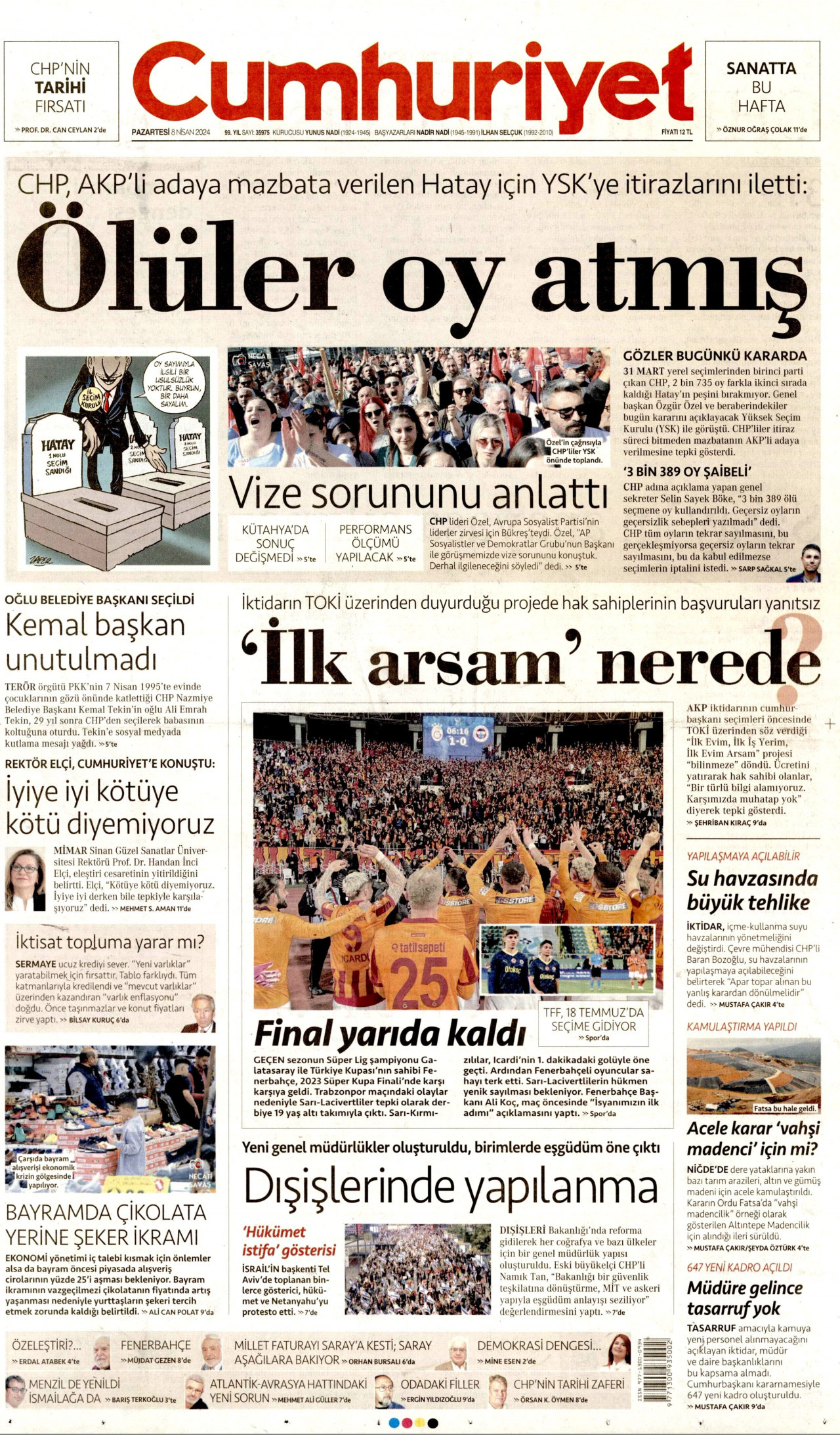 CUMHURİYET gazetesinin 8 Nisan 2024 tarihli birinci sayfası