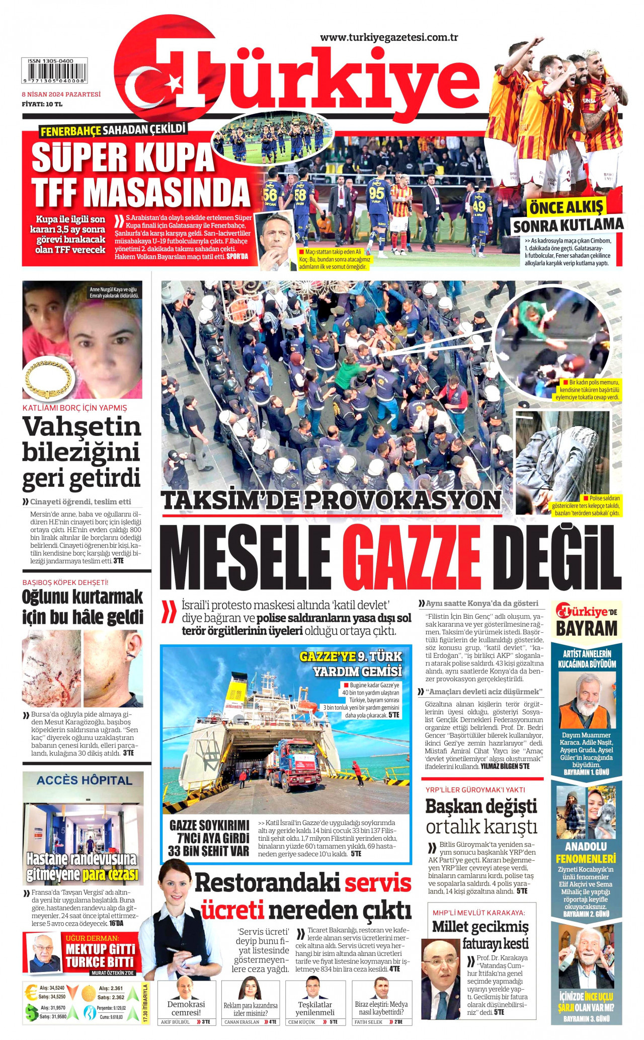 TÜRKİYE GAZETESİ gazetesinin 8 Nisan 2024 tarihli birinci sayfası