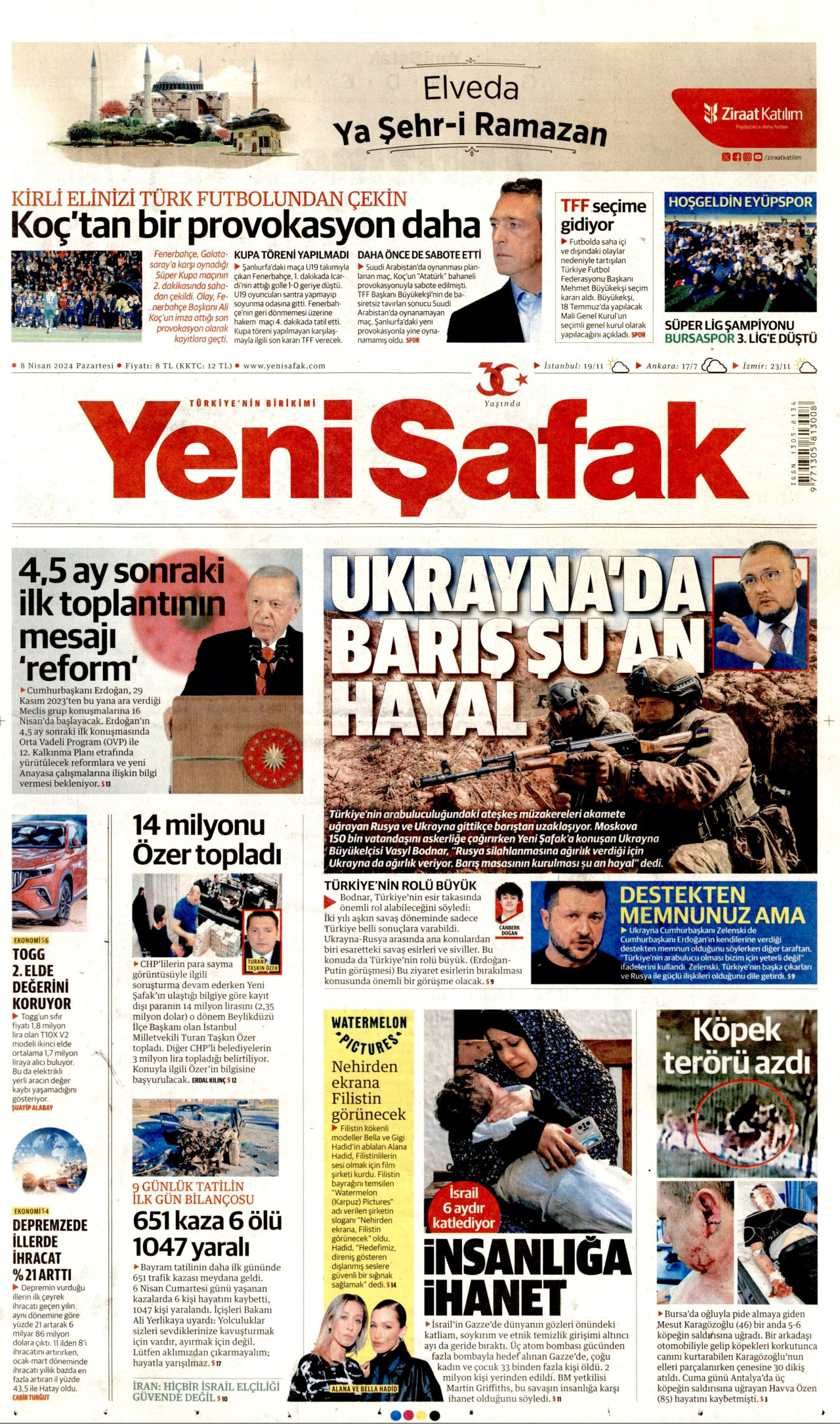 YENİ ŞAFAK gazetesinin 8 Nisan 2024 tarihli birinci sayfası