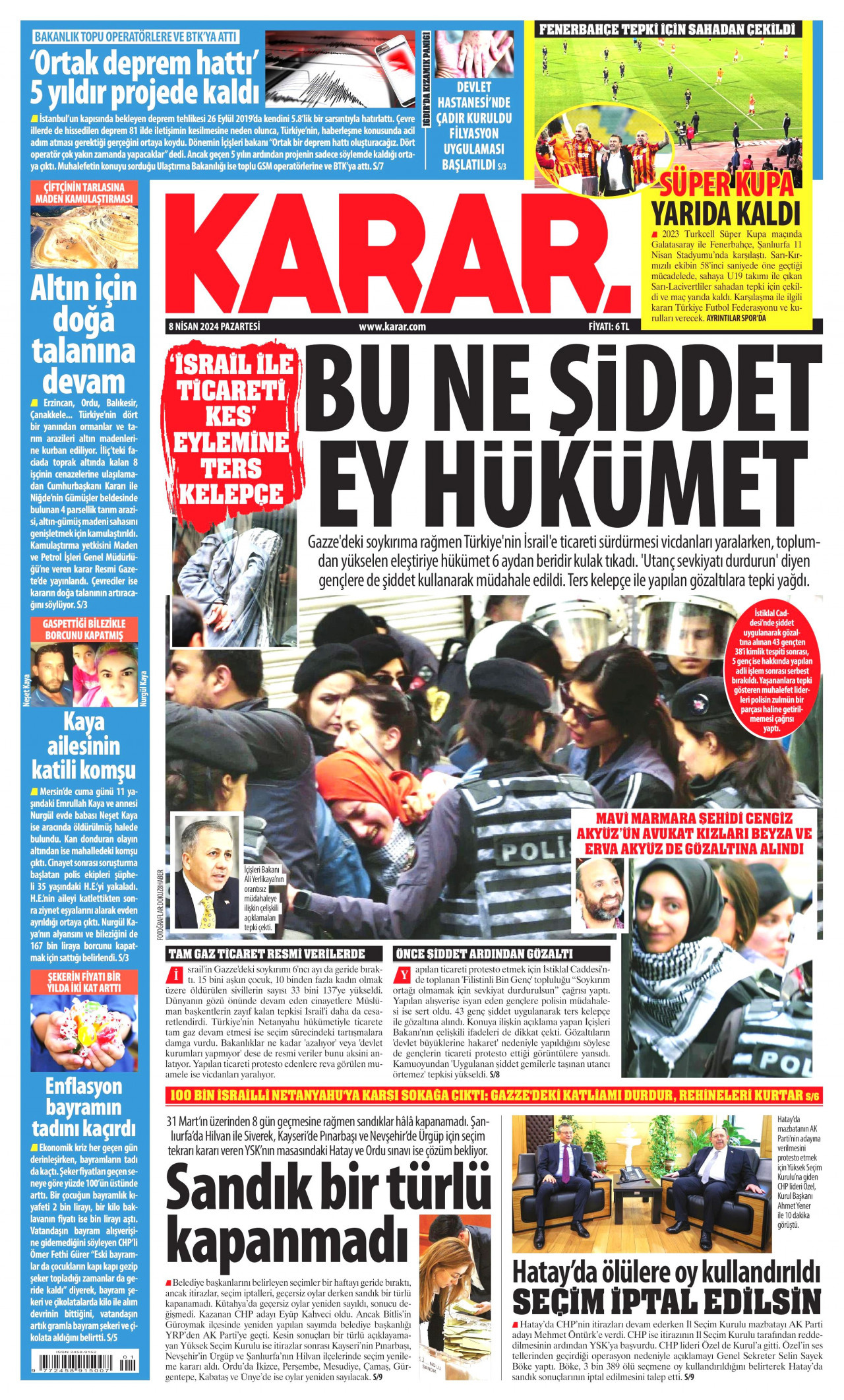 KARAR gazetesinin 8 Nisan 2024 tarihli birinci sayfası