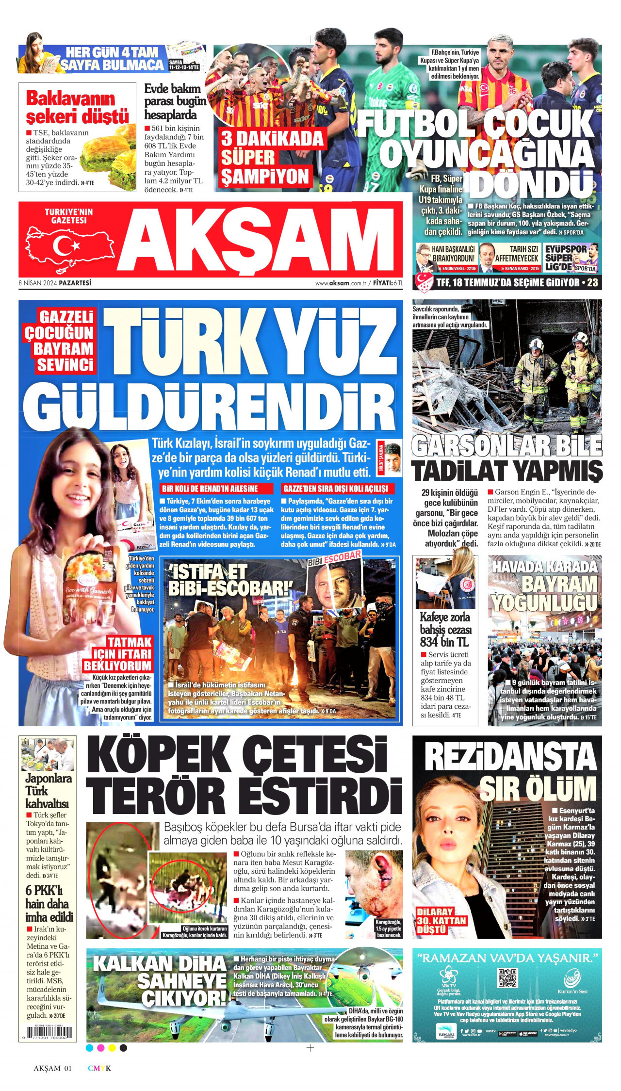 AKŞAM gazetesinin 8 Nisan 2024 tarihli birinci sayfası