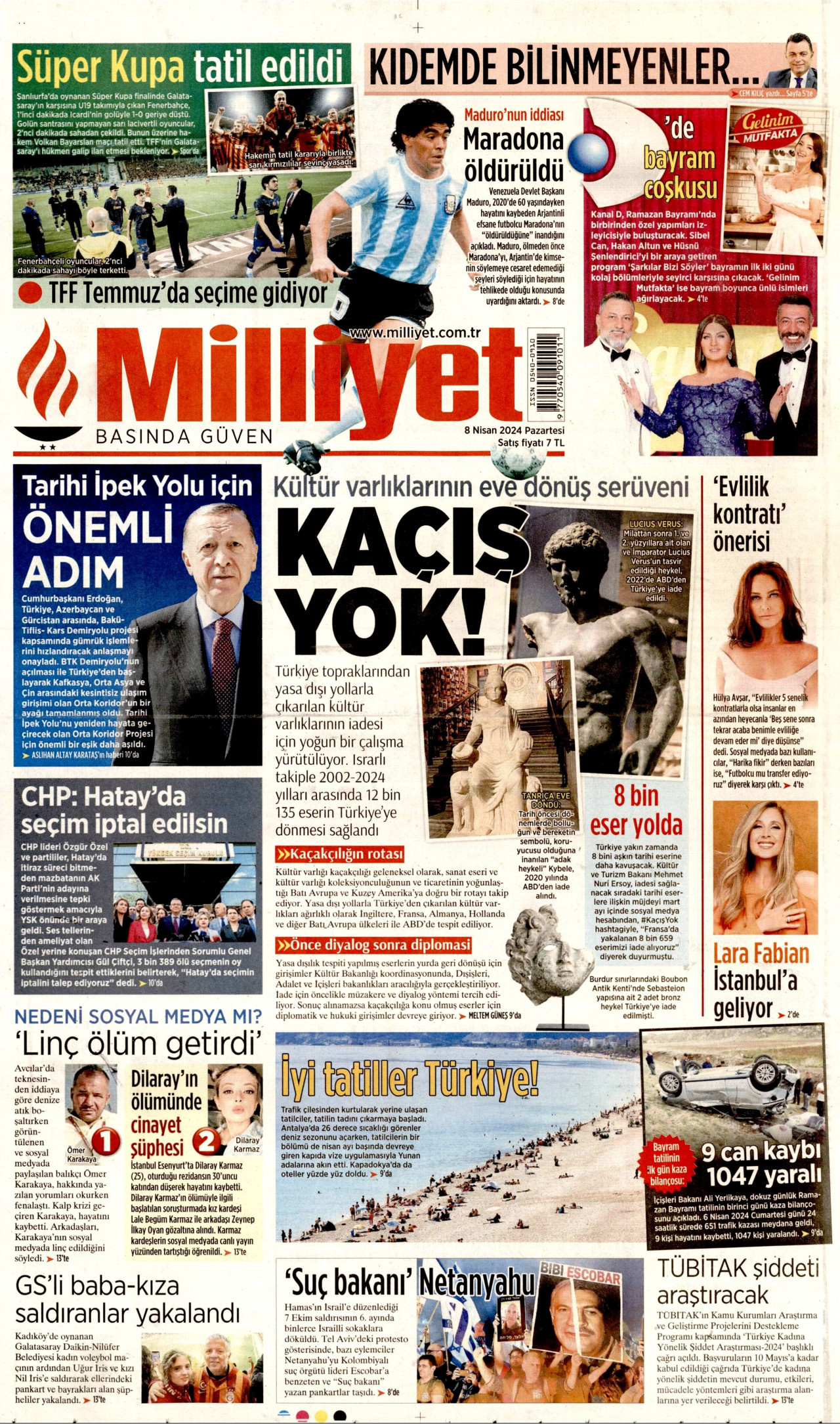 MİLLİYET gazetesinin 8 Nisan 2024 tarihli birinci sayfası