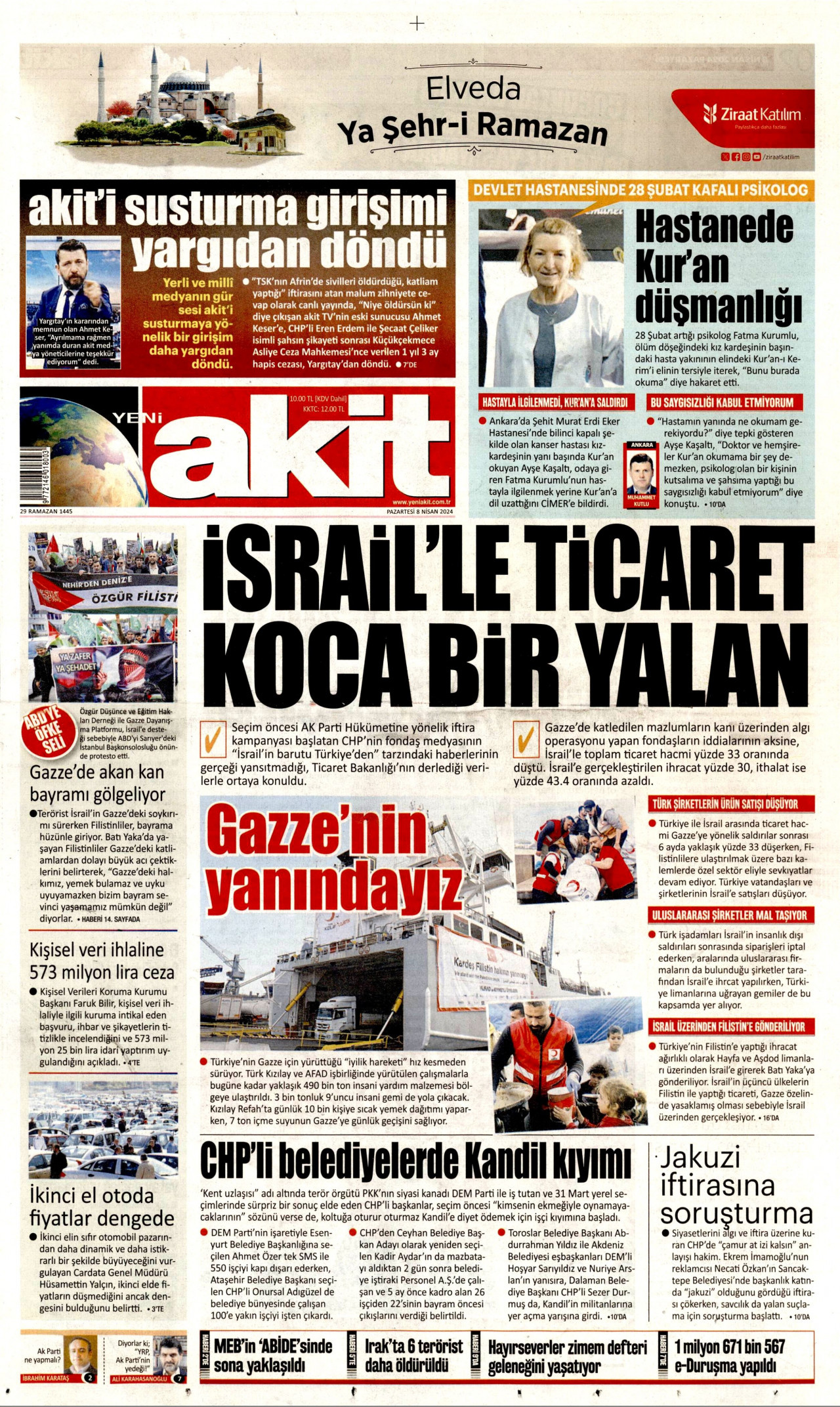 YENİ AKİT gazetesinin 8 Nisan 2024 tarihli birinci sayfası