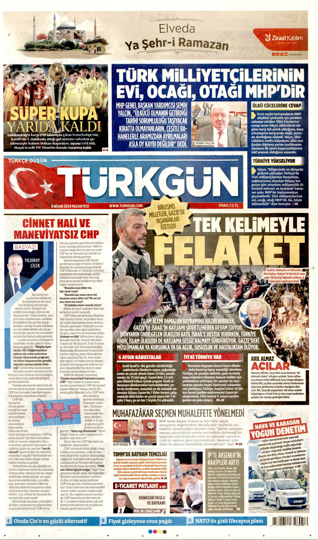 TÜRKGÜN gazetesinin 8 Nisan 2024 tarihli birinci sayfası