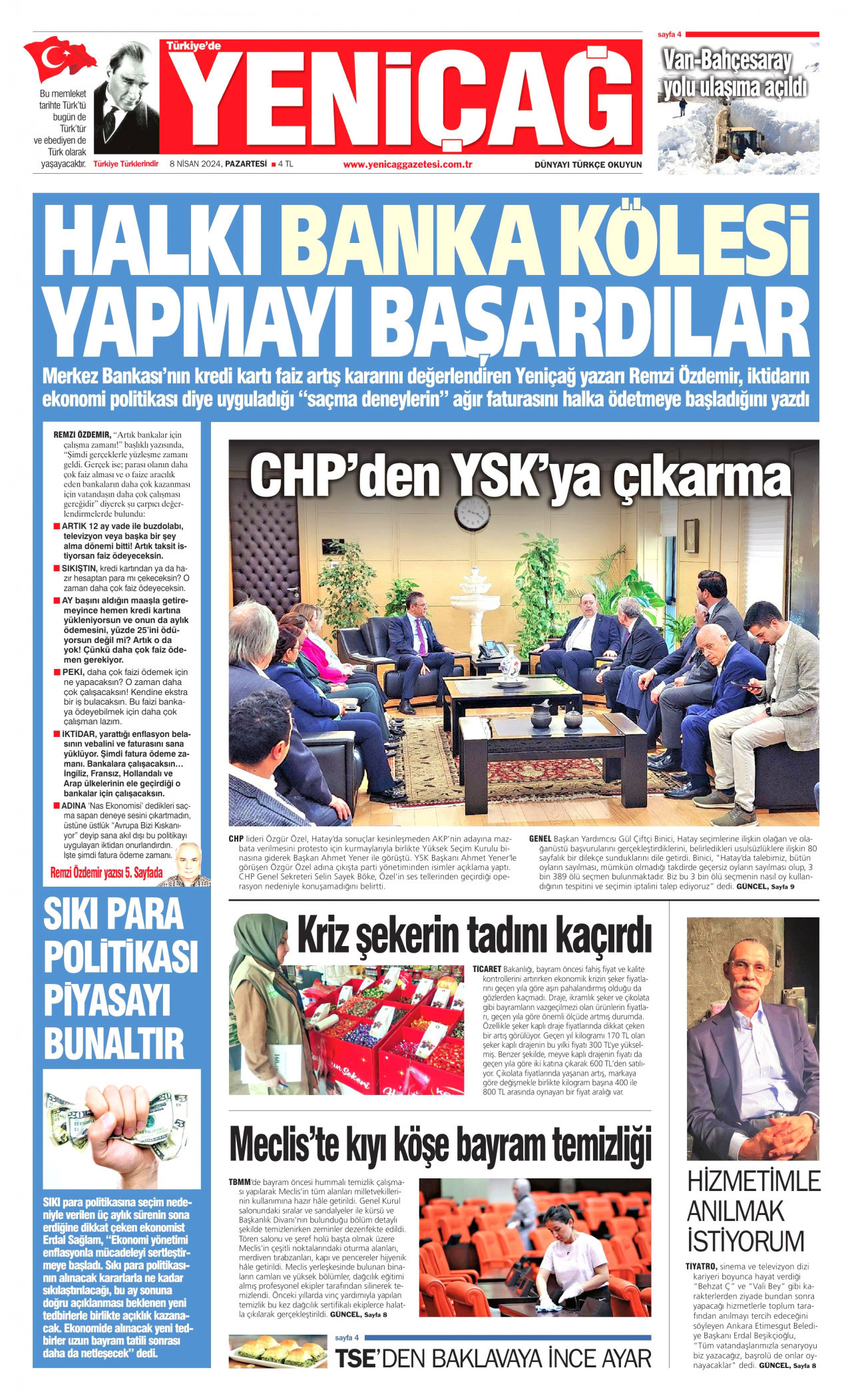 YENİÇAĞ gazetesinin 8 Nisan 2024 tarihli birinci sayfası