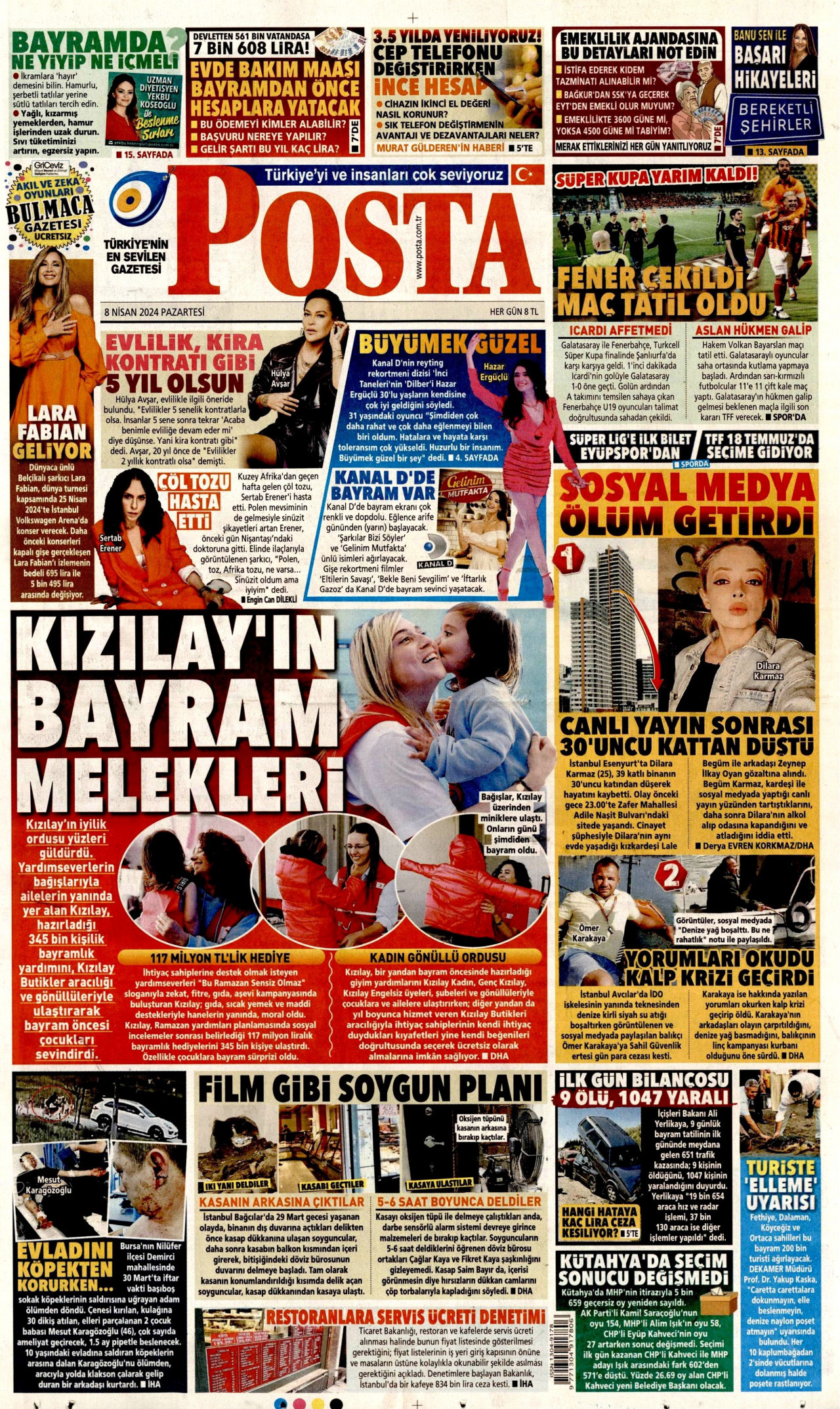 POSTA gazetesinin 8 Nisan 2024 tarihli birinci sayfası