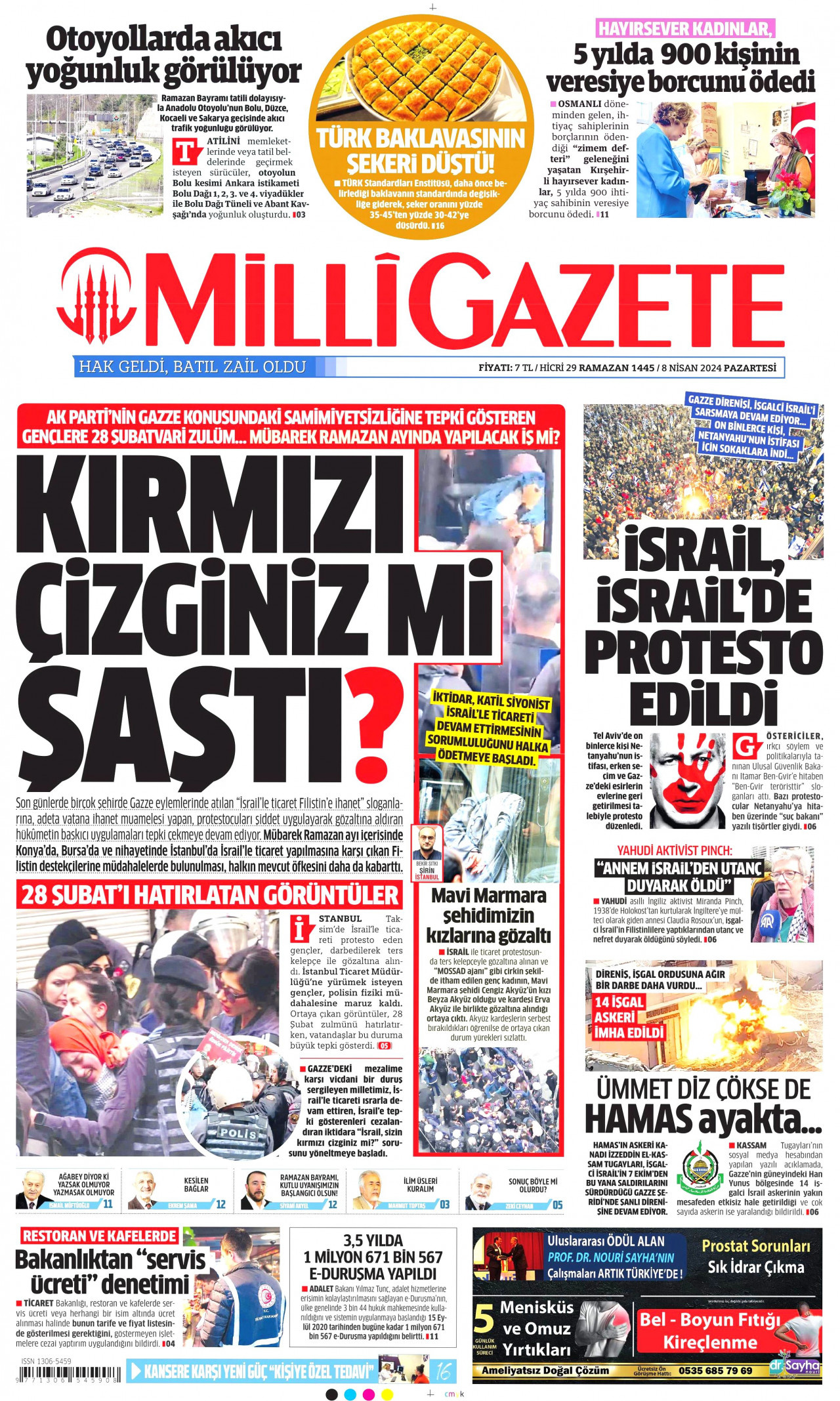 MİLLİ GAZETE gazetesinin 8 Nisan 2024 tarihli birinci sayfası