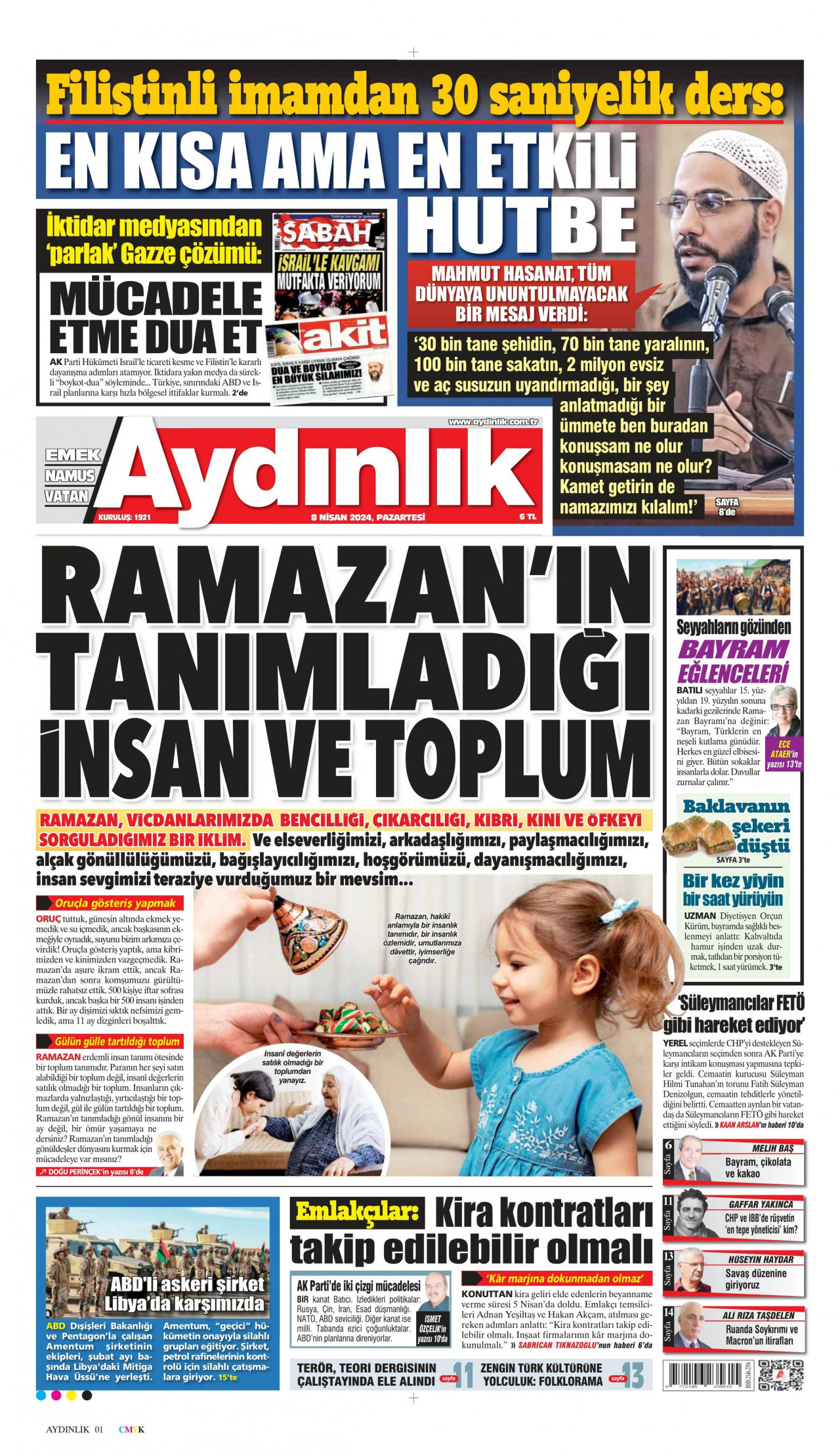 AYDINLIK GAZETESİ gazetesinin 8 Nisan 2024 tarihli birinci sayfası