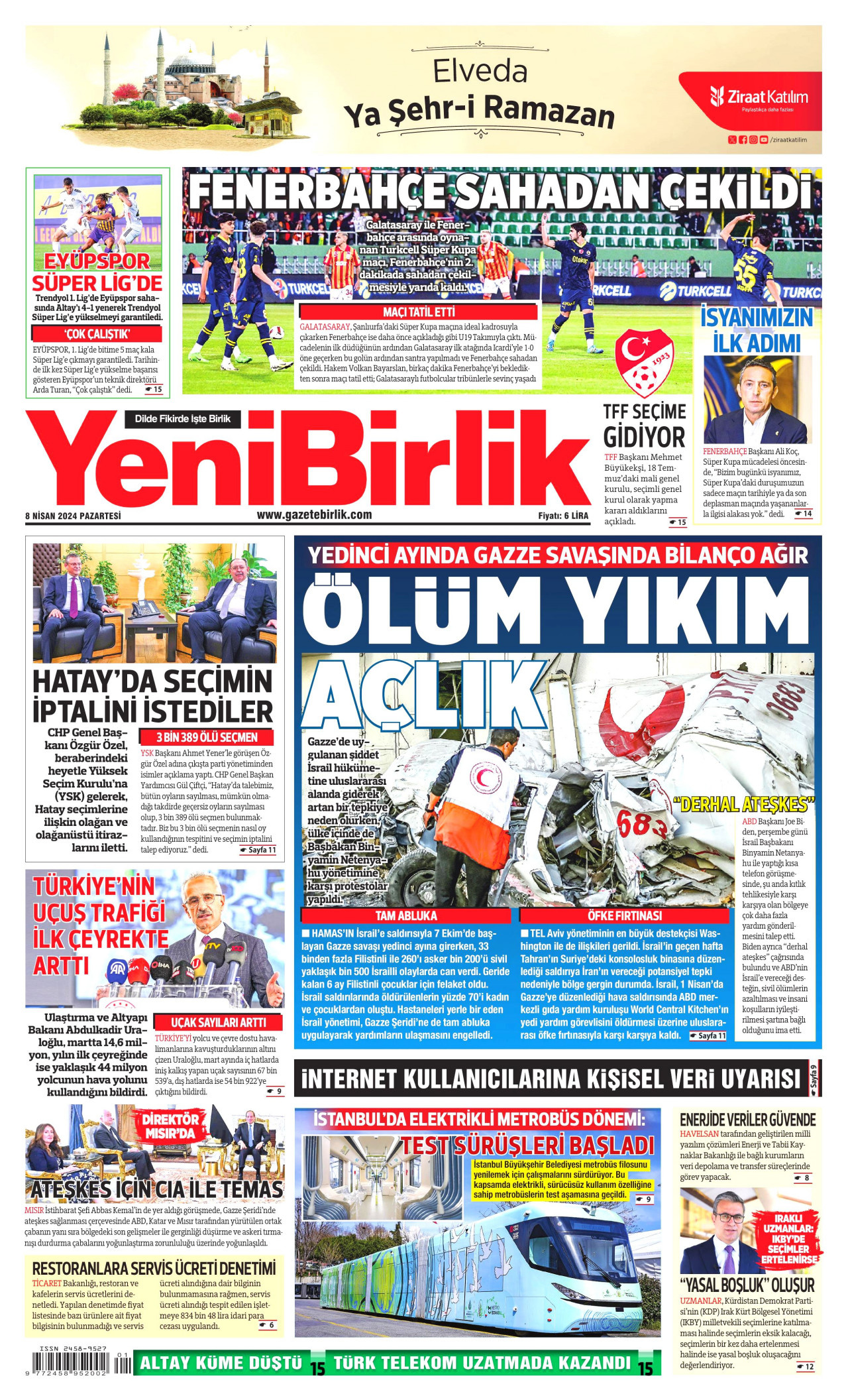 YENİBİRLİK gazetesinin 8 Nisan 2024 tarihli birinci sayfası