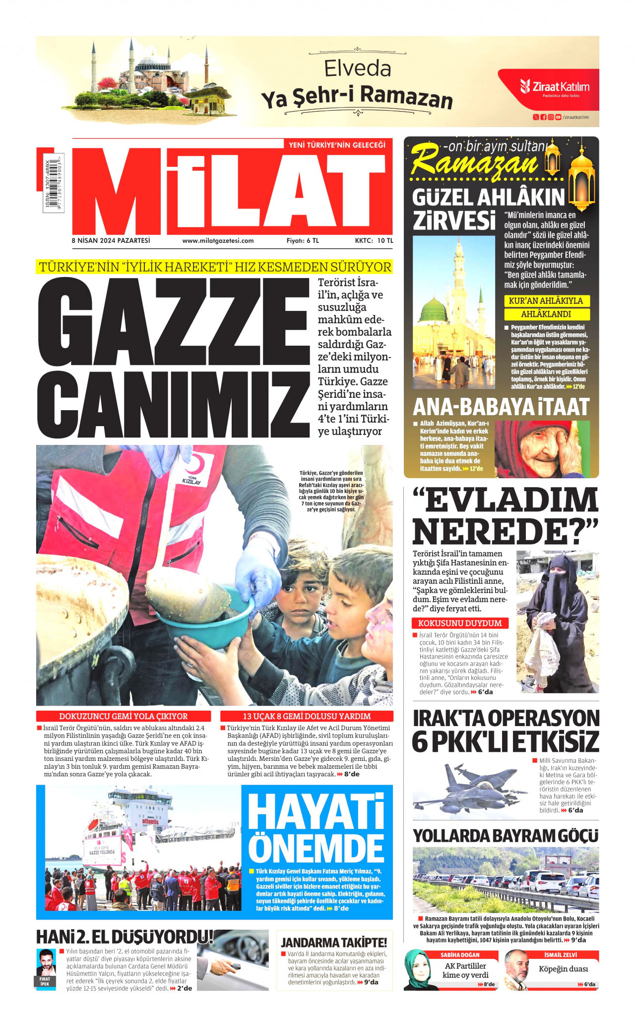 MİLAT gazetesinin 8 Nisan 2024 tarihli birinci sayfası